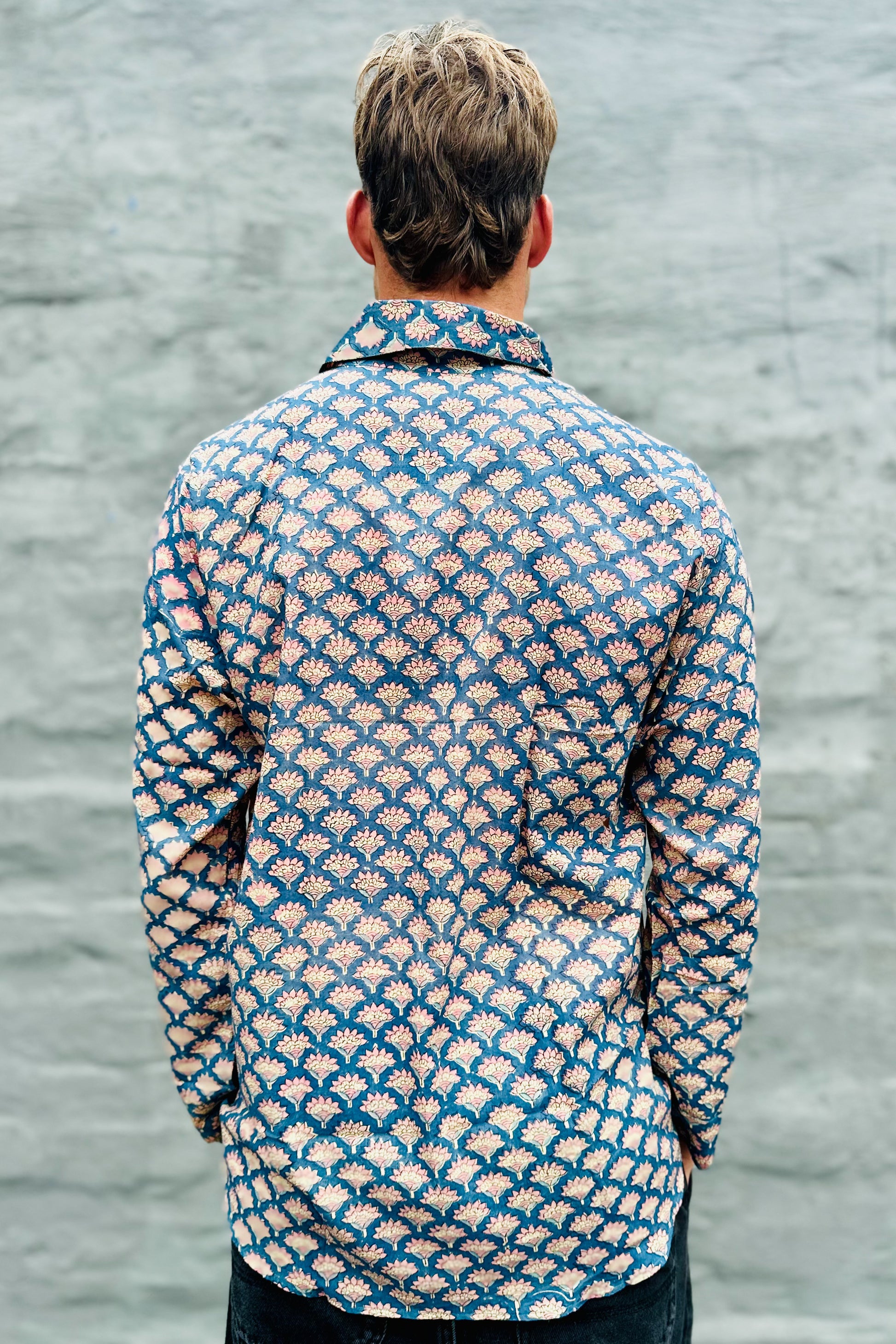 Men's Long Sleeve Shirt In Blue & Blush Lotus