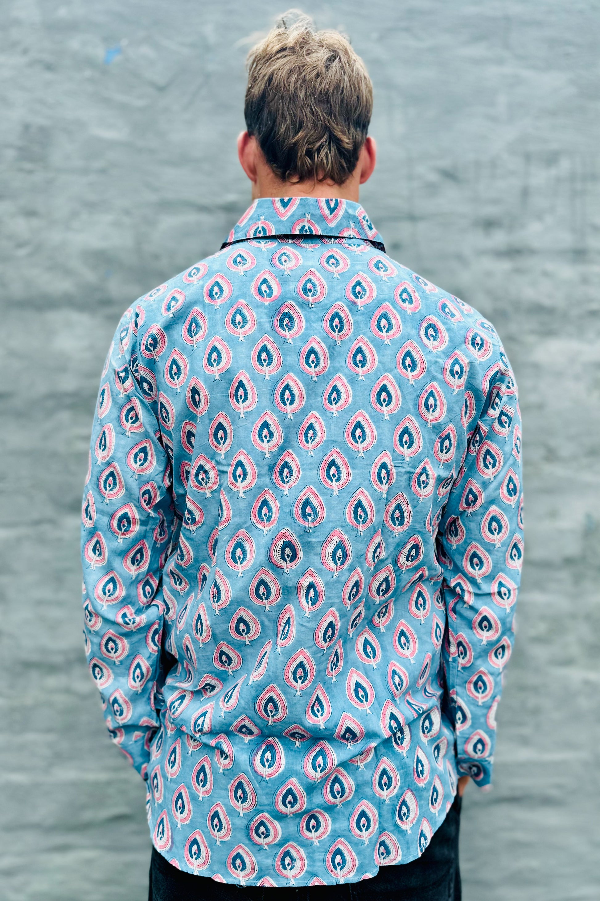 Men's Long Sleeve Shirt In Steel Blue Peacock