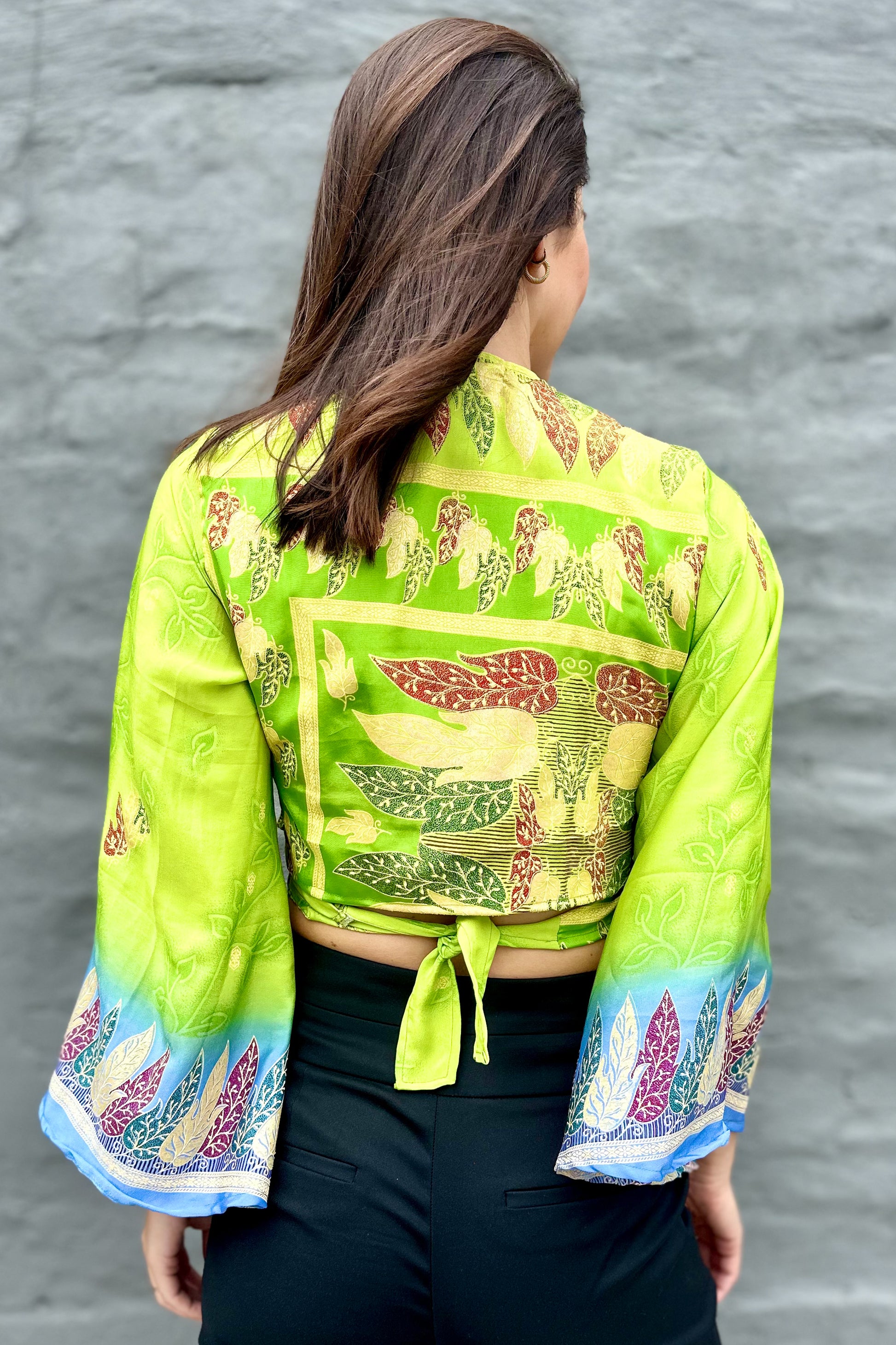 Upcycled Silk Sari Wrap Blouse In Lime Leaves