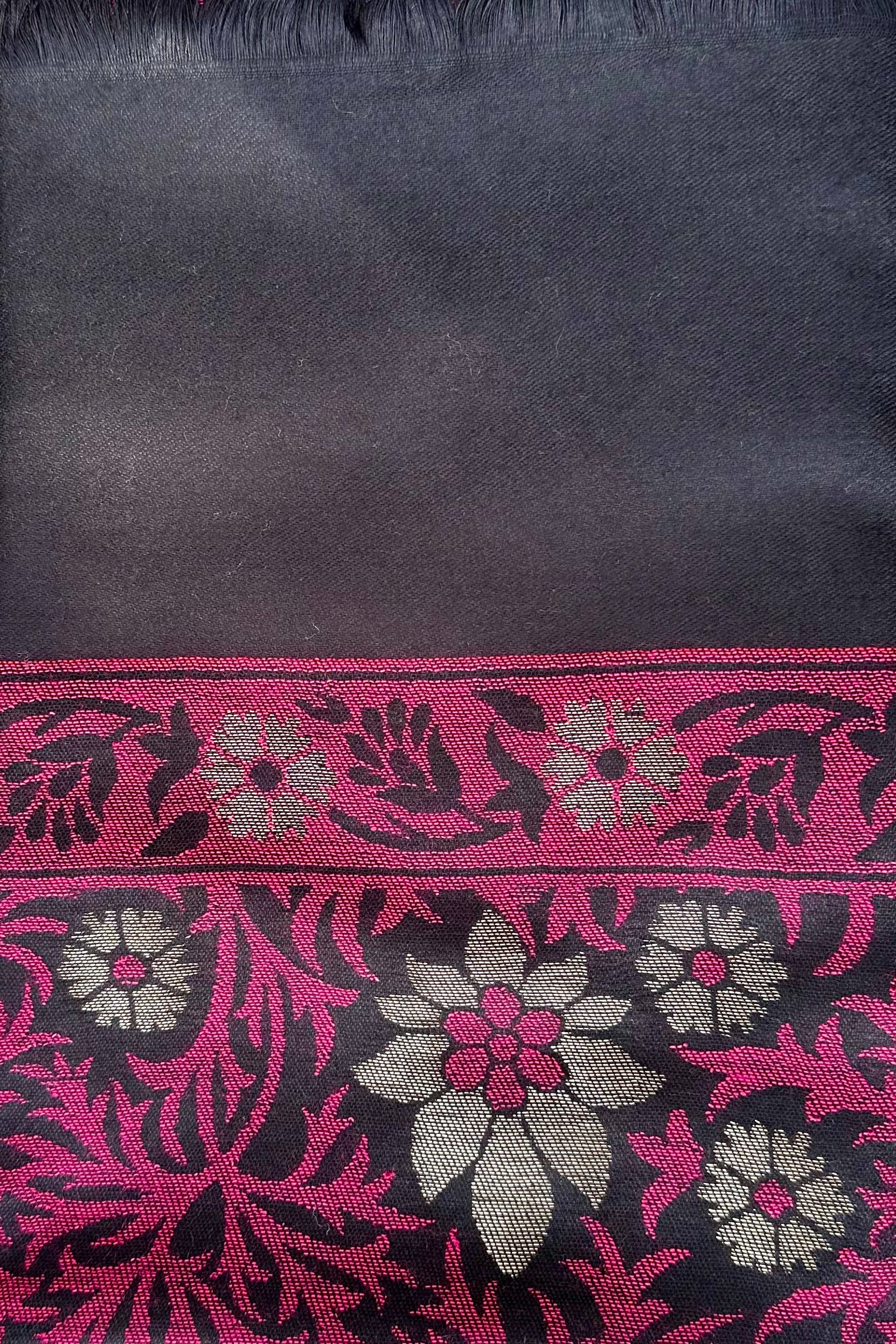 Cashmere & Bamboo Scarf In Black & Fuchsia Floral