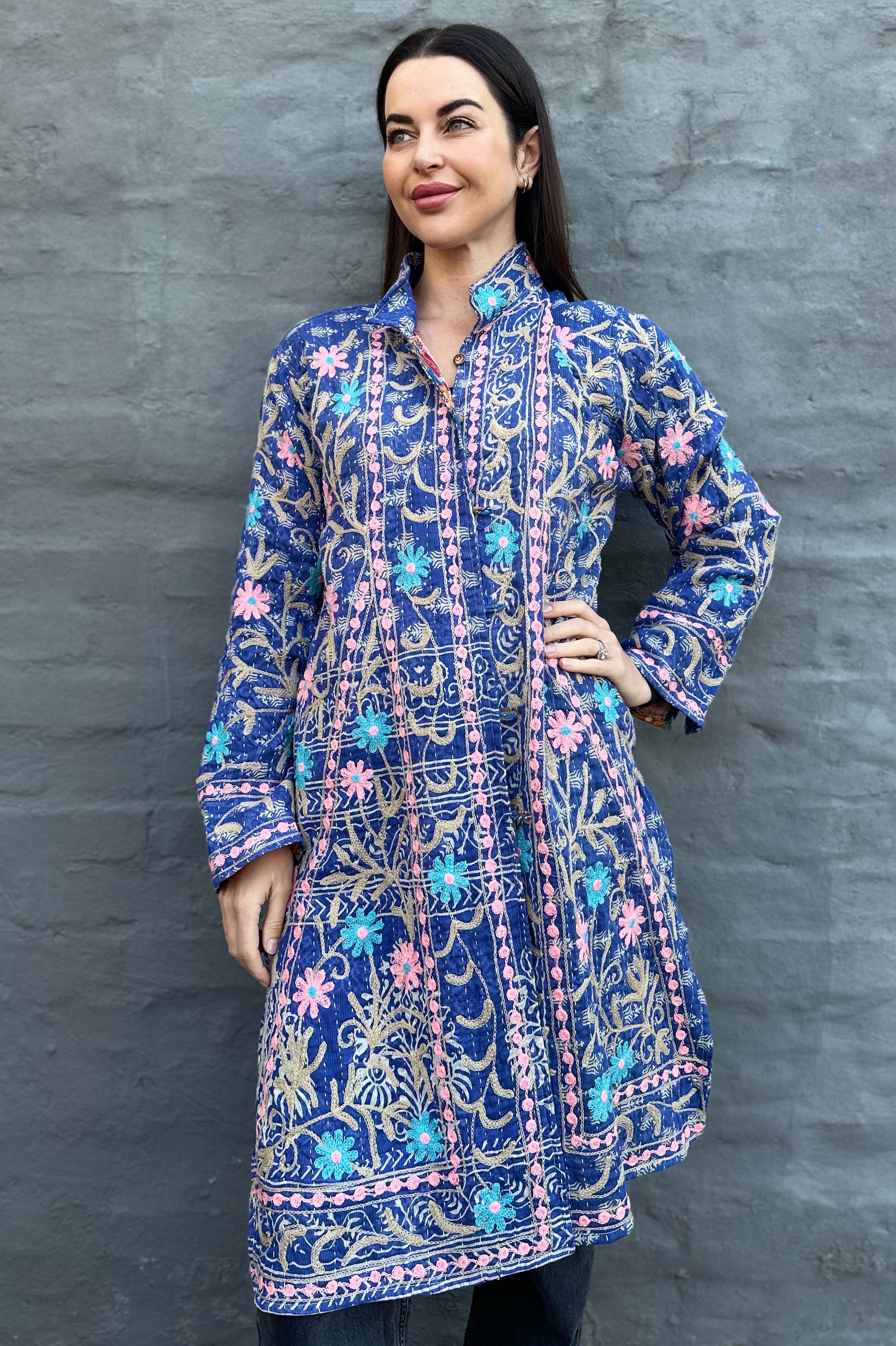 Embroidered Kantha Jacket In Baby Pink Daisy