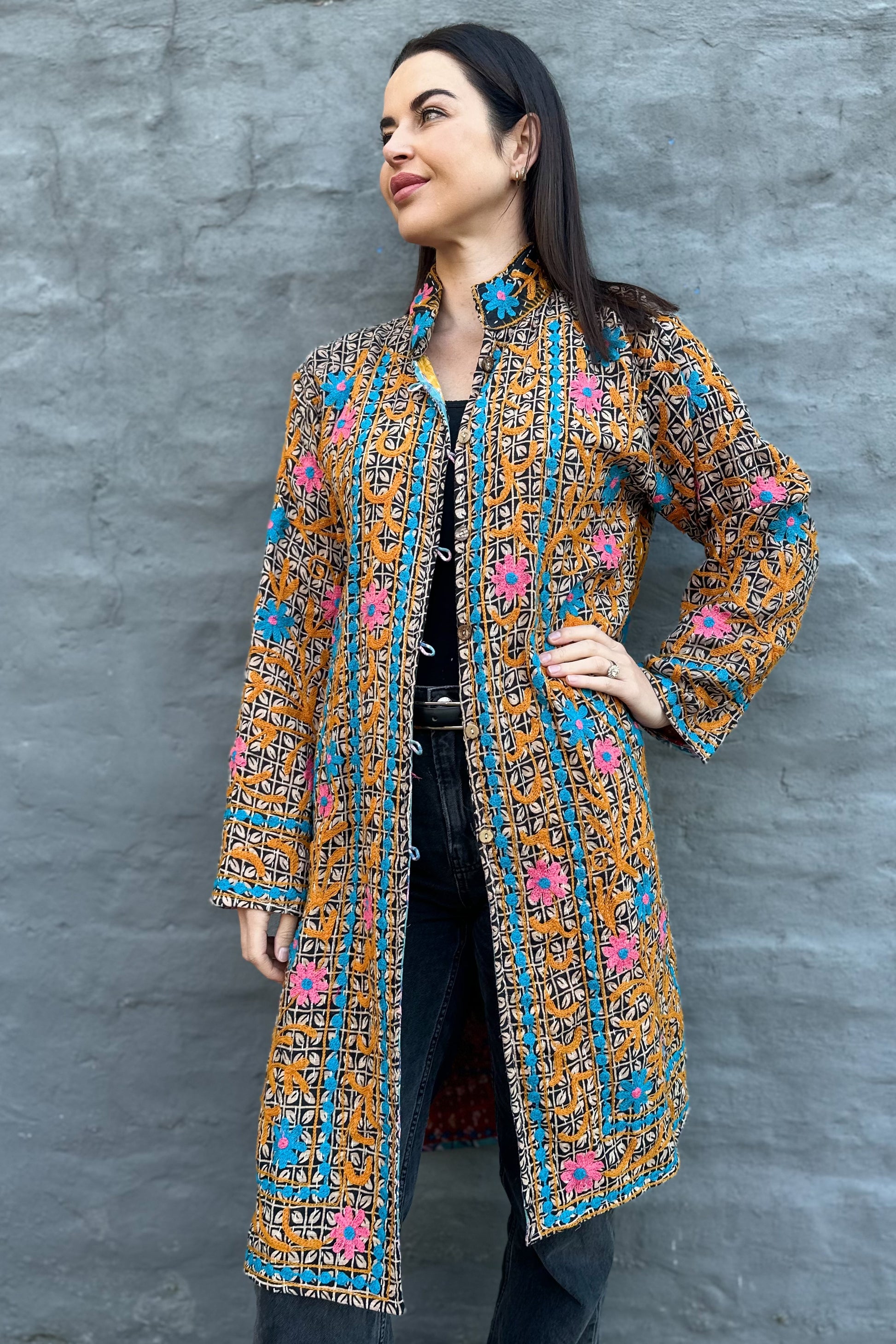 Embroidered Kantha Jacket In Ocean & Pink Daisy