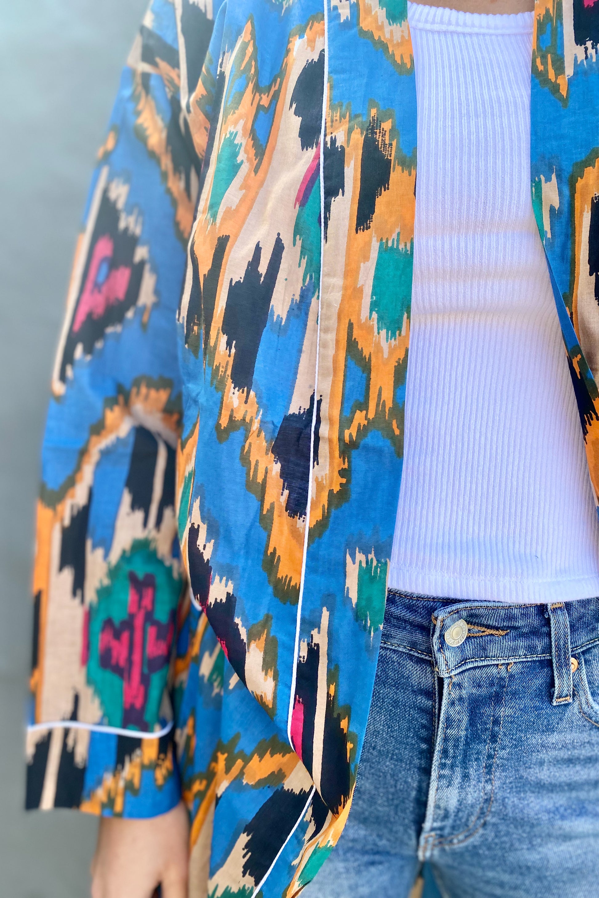 Cotton Kimono In Blue & Yellow Ikat