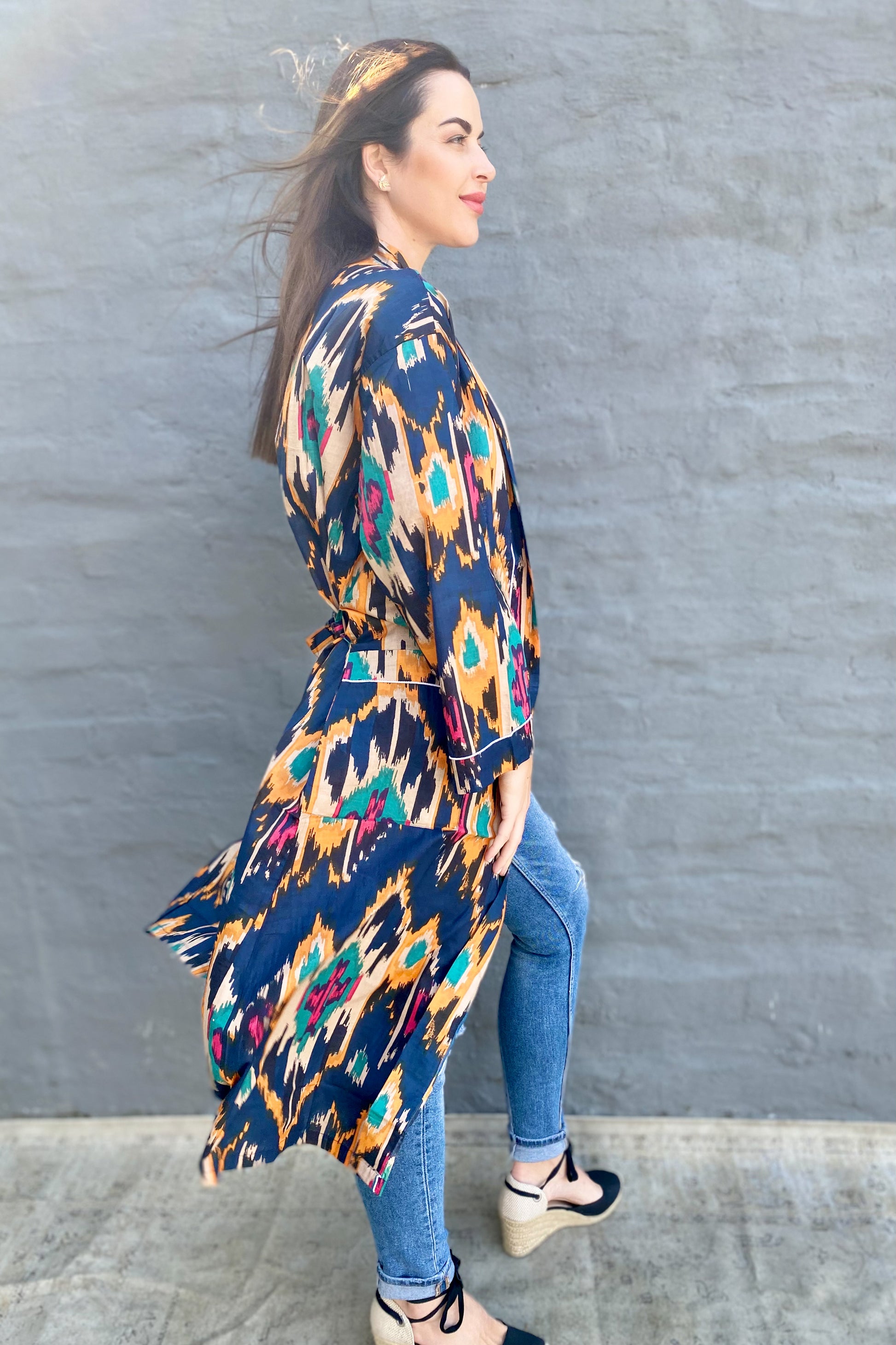 Cotton Kimono In Navy & Multi-Colour Ikat