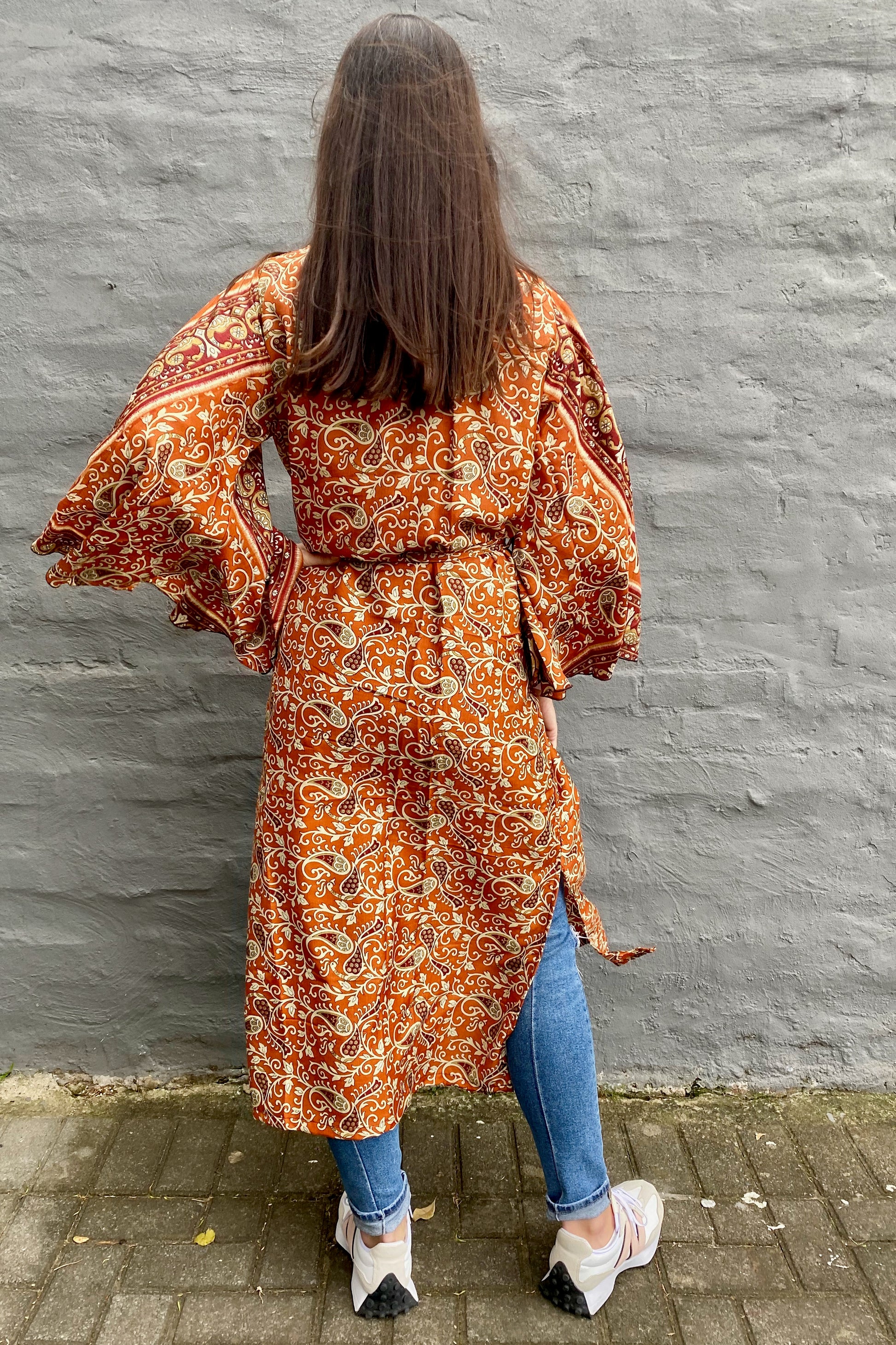 Upcycled Silk Sari Kimono In Burnt Orange Baroque