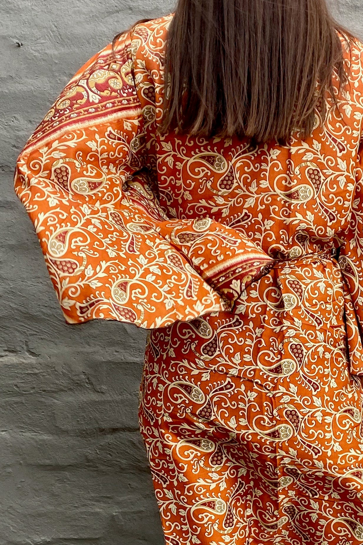 Upcycled Silk Sari Kimono In Burnt Orange Baroque