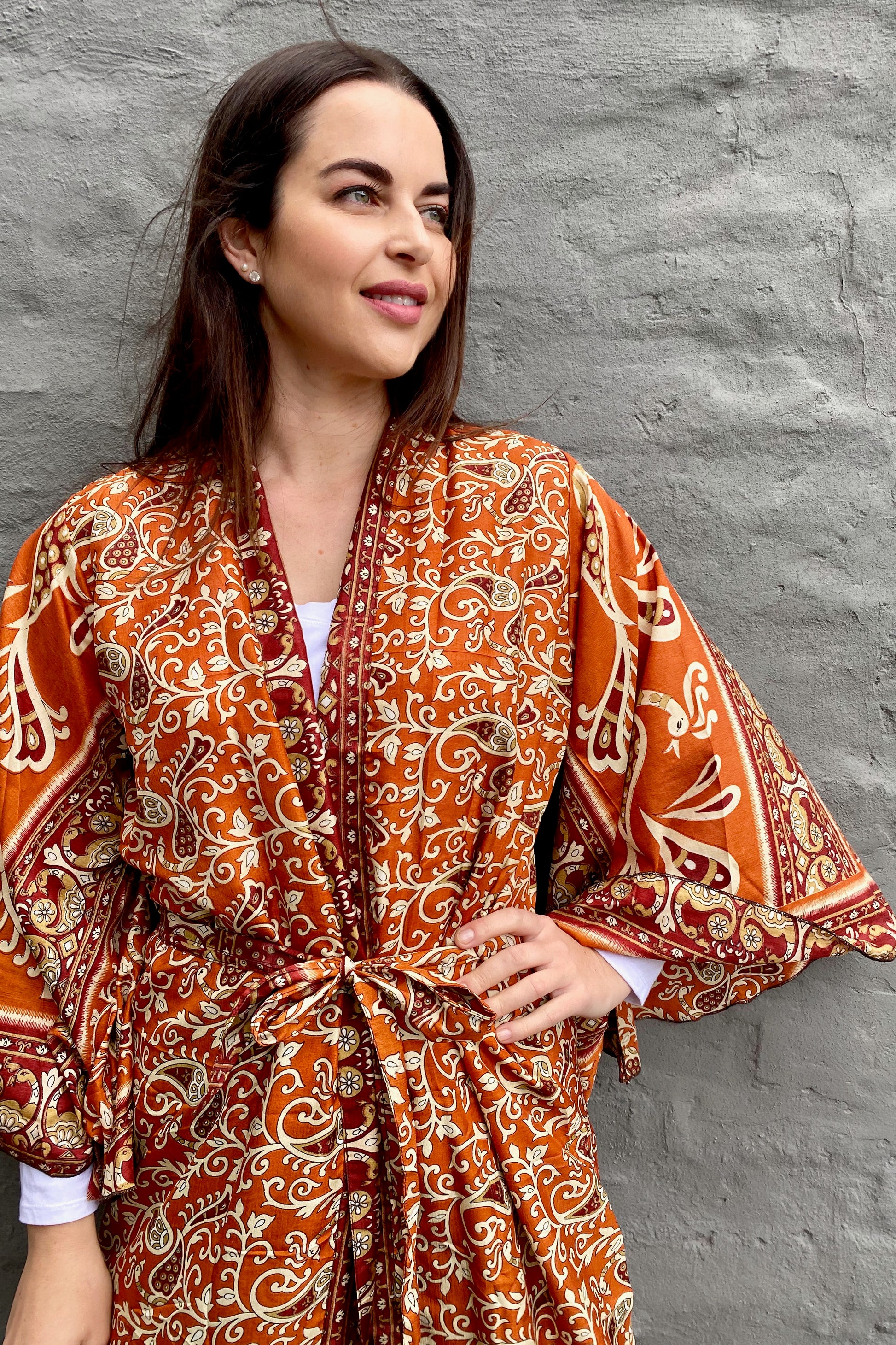 Upcycled Silk Sari Kimono In Burnt Orange Baroque