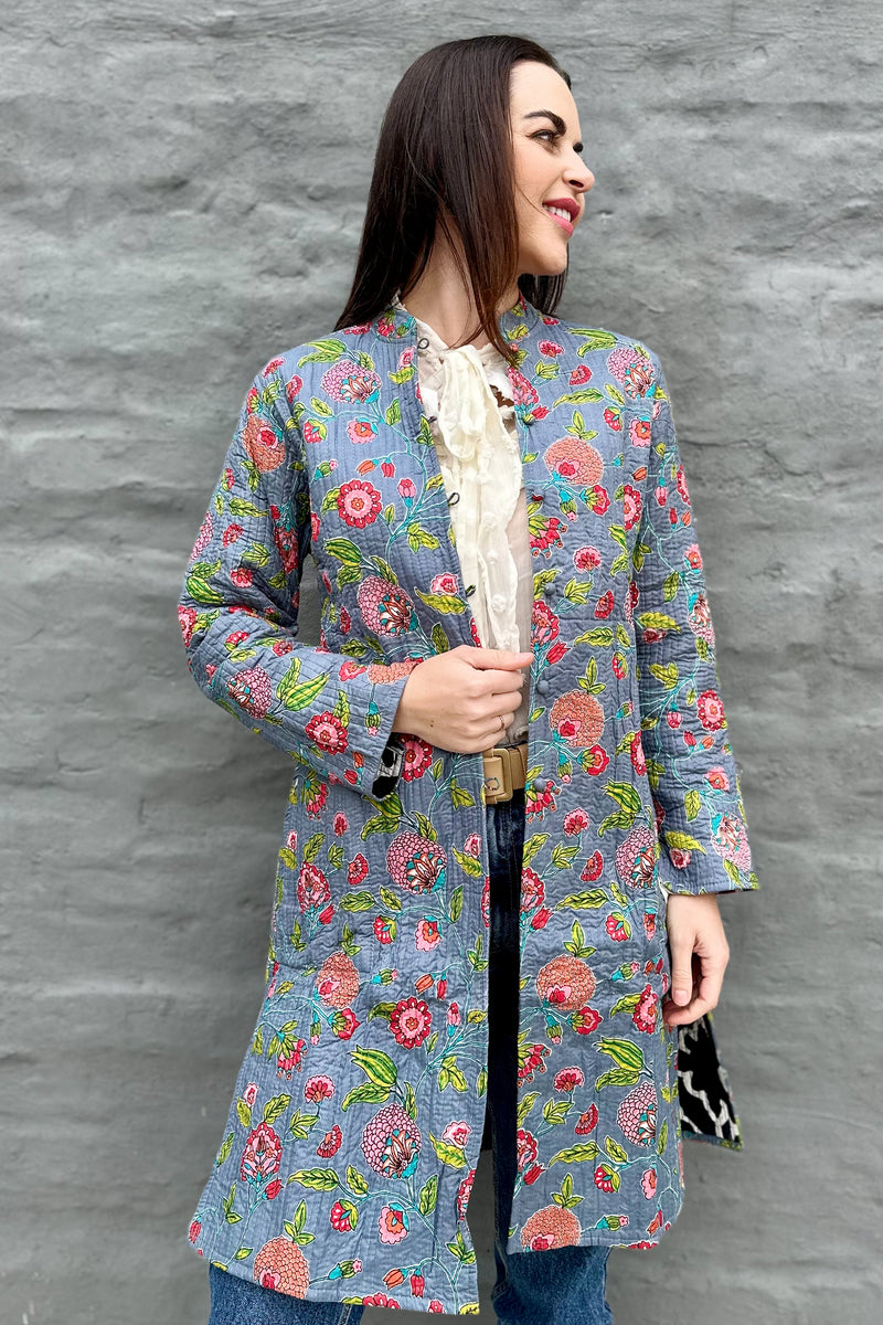Quilted Cotton Coat In Grey Botanical
