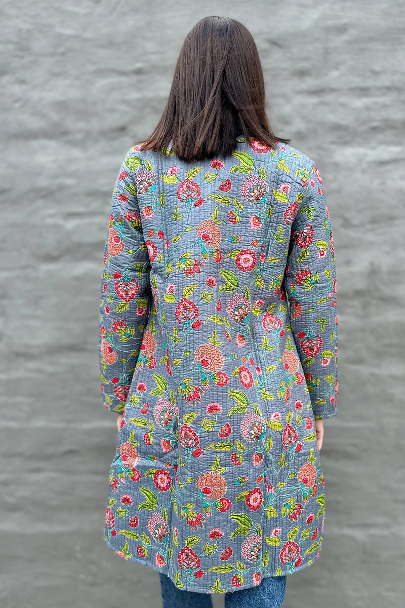 Quilted Cotton Coat In Grey Botanical