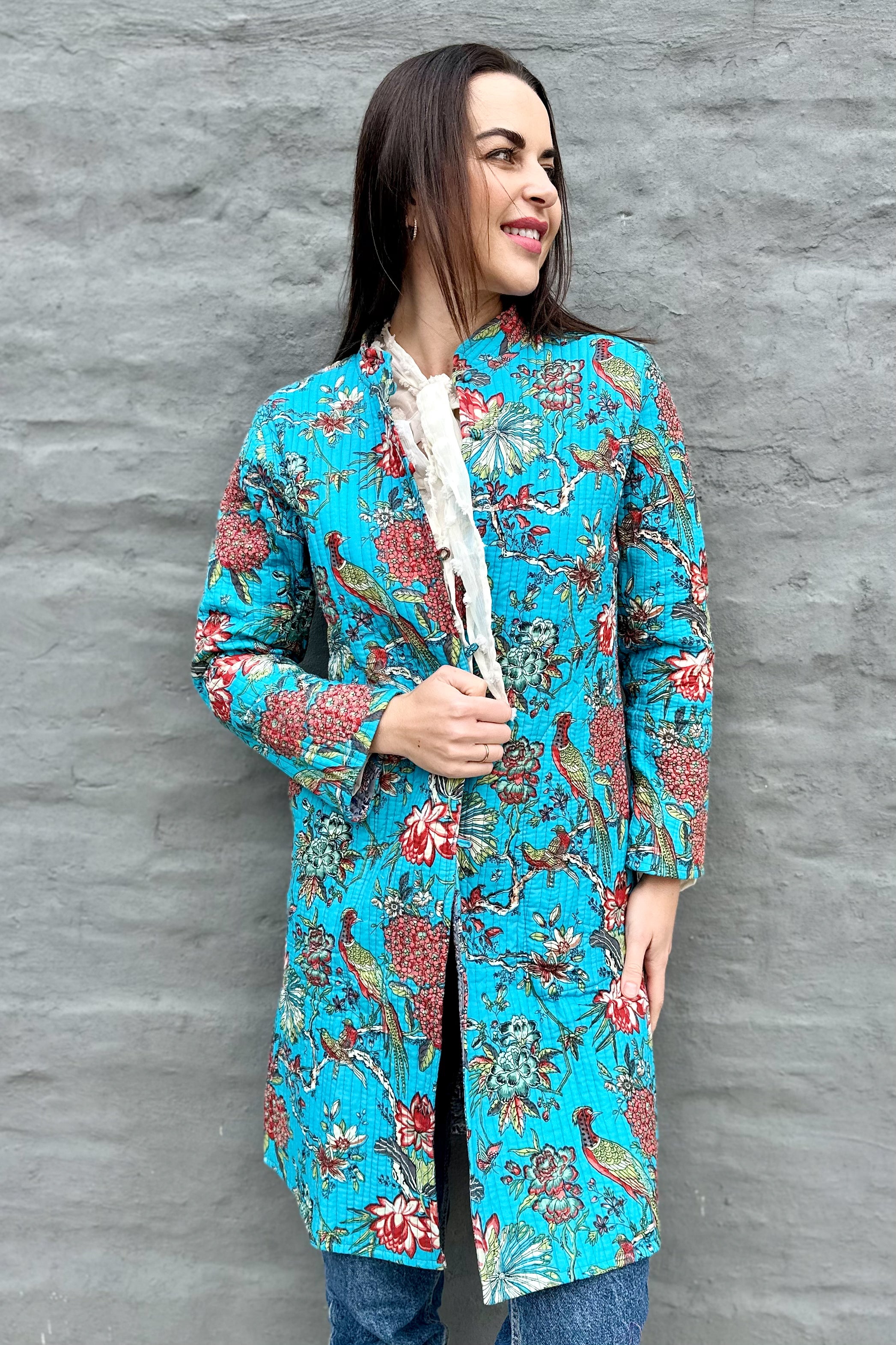 Quilted Cotton Coat In Sky Botanical