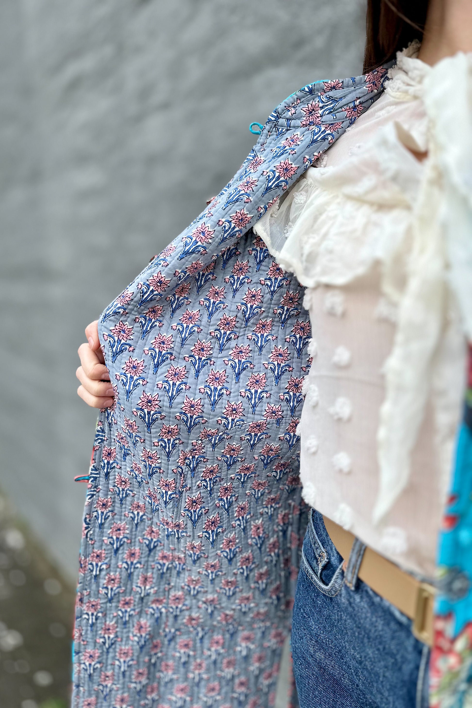 Quilted Cotton Coat In Sky Botanical