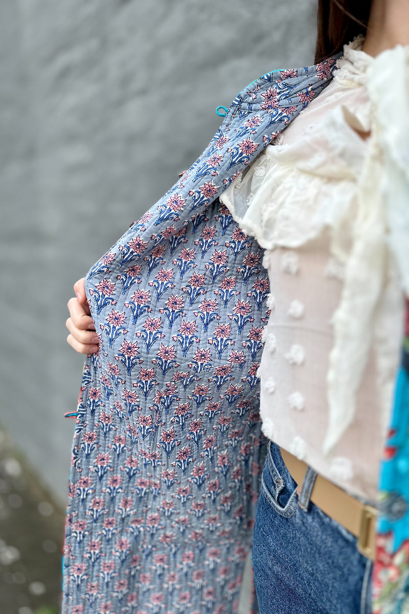 Quilted Cotton Coat In Sky Botanical