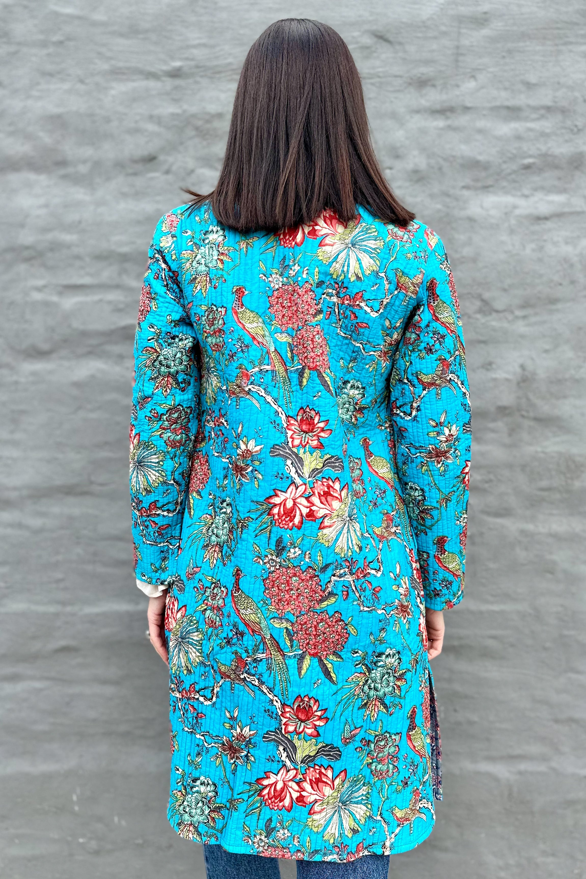 Quilted Cotton Coat In Sky Botanical