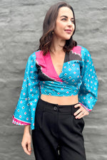 Upcycled Silk Sari Wrap Blouse In Blue Diamond