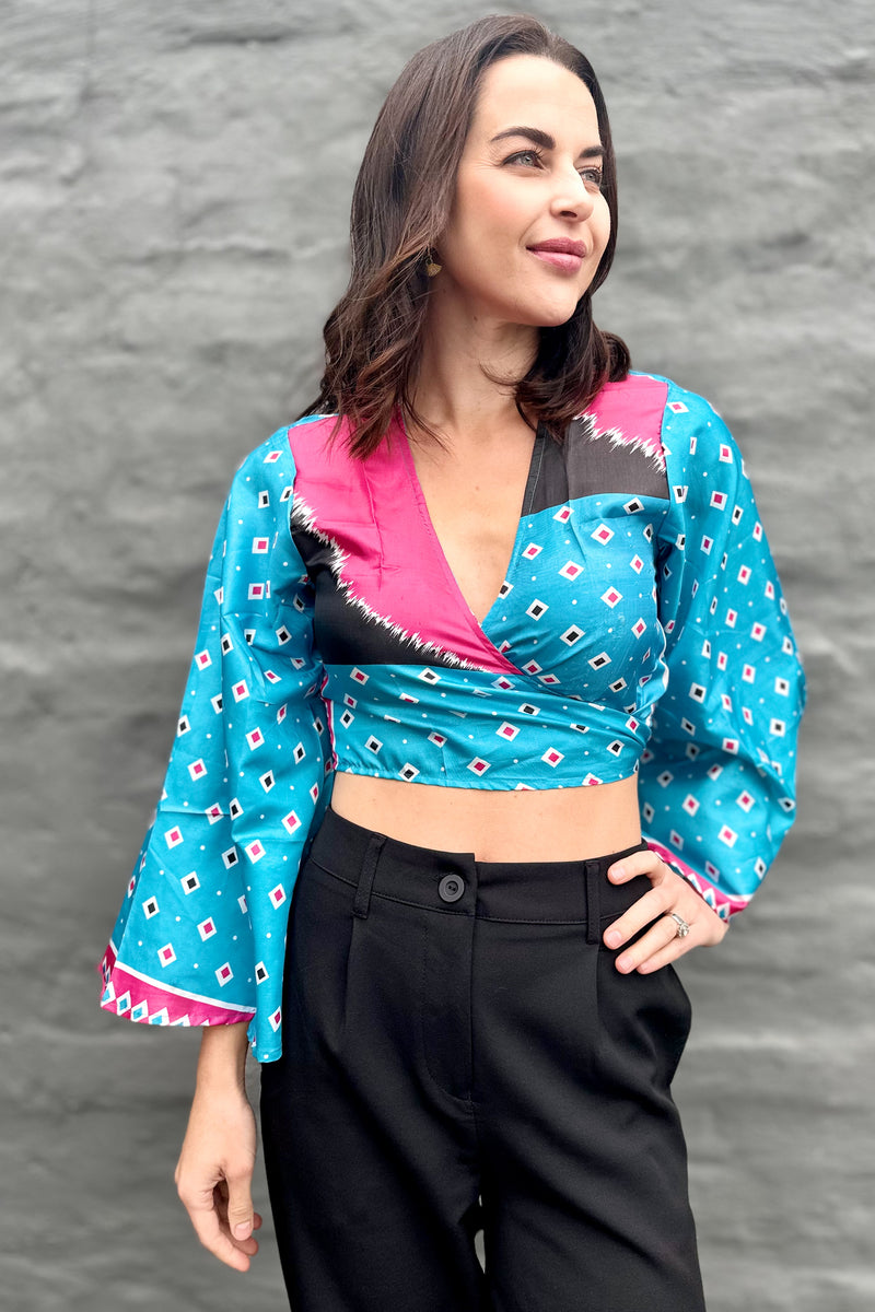 Upcycled Silk Sari Wrap Blouse In Blue Diamond