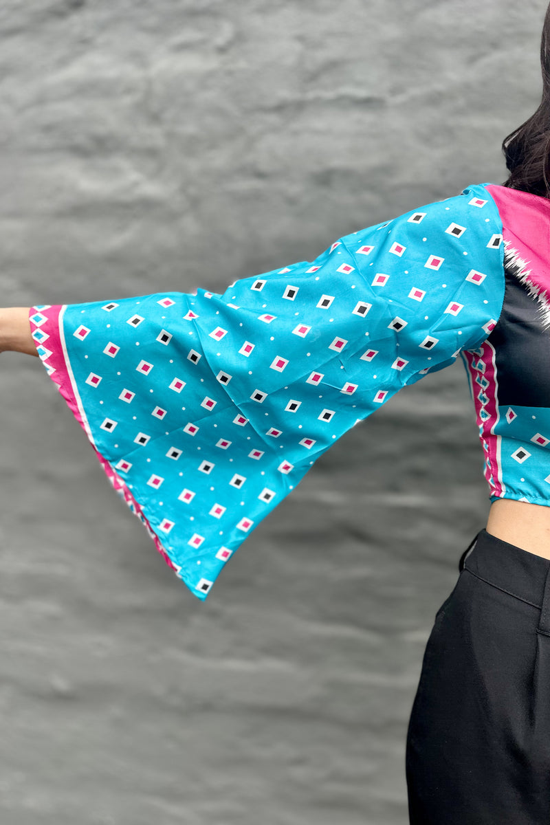 Upcycled Silk Sari Wrap Blouse In Blue Diamond