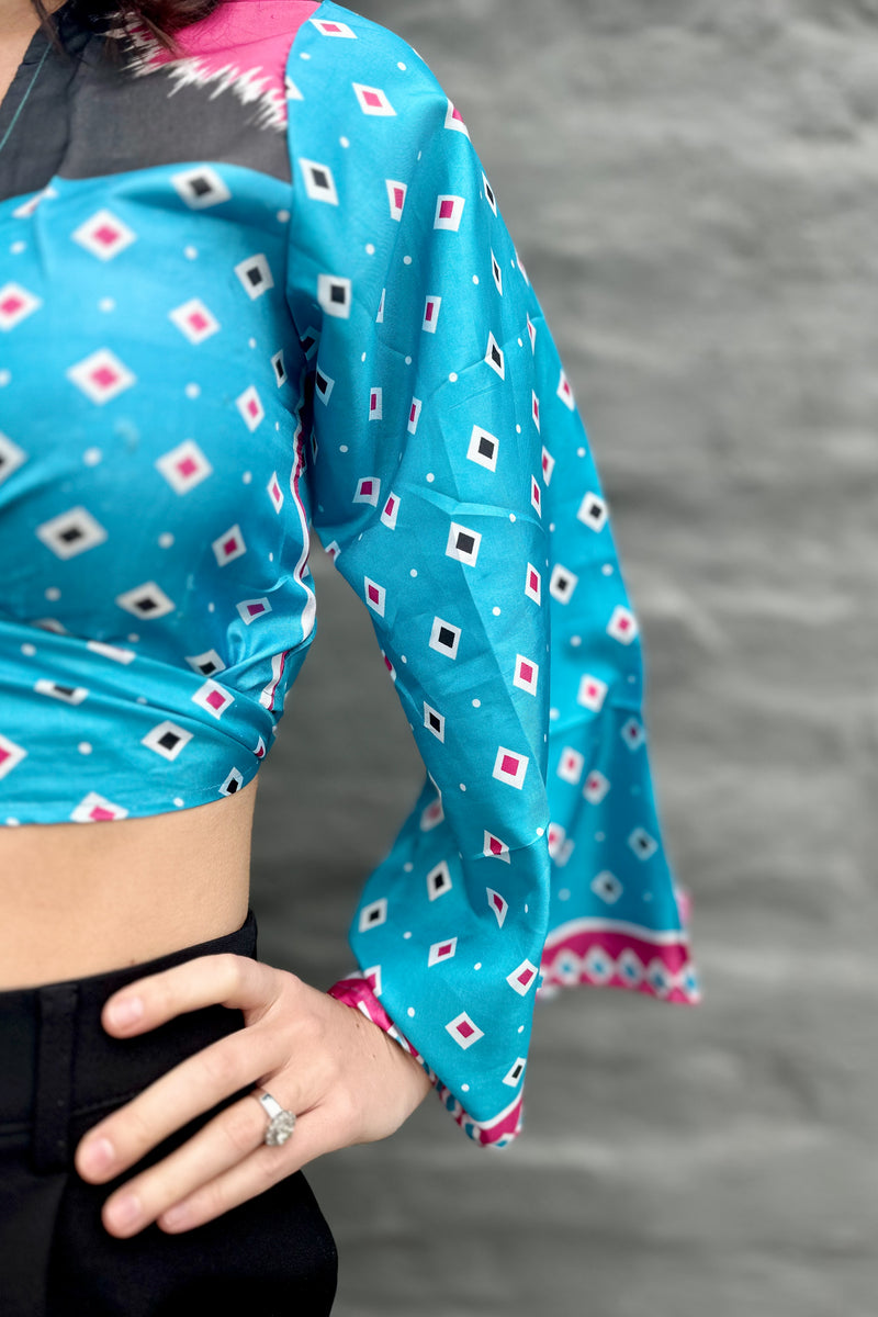 Upcycled Silk Sari Wrap Blouse In Blue Diamond