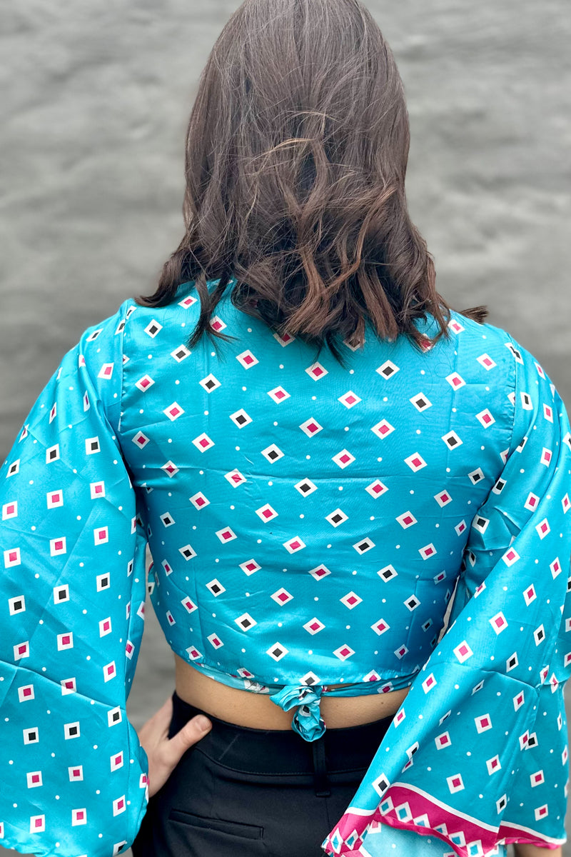 Upcycled Silk Sari Wrap Blouse In Blue Diamond