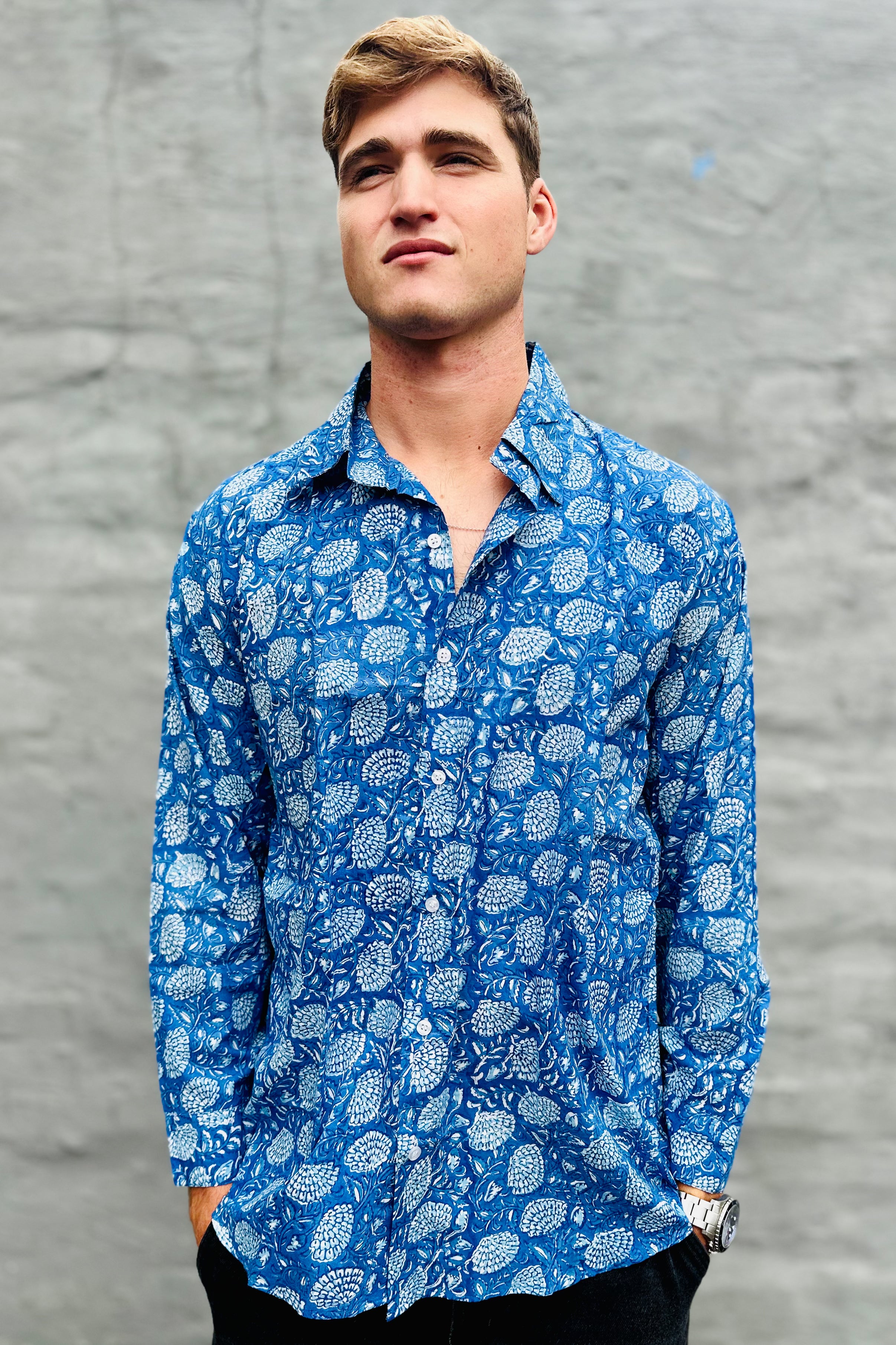 Men's Long Sleeve Shirt In Blue Dahlia