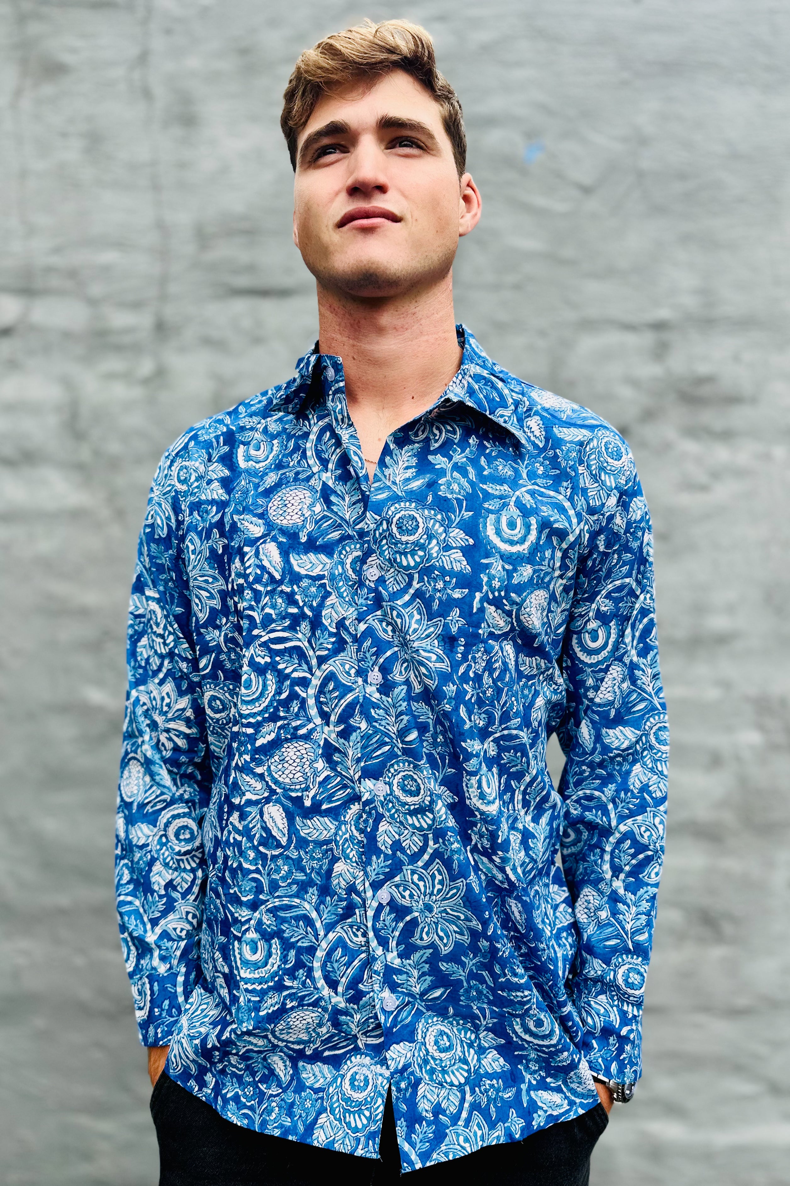 Men's Long Sleeve Shirt In Indigo Floral