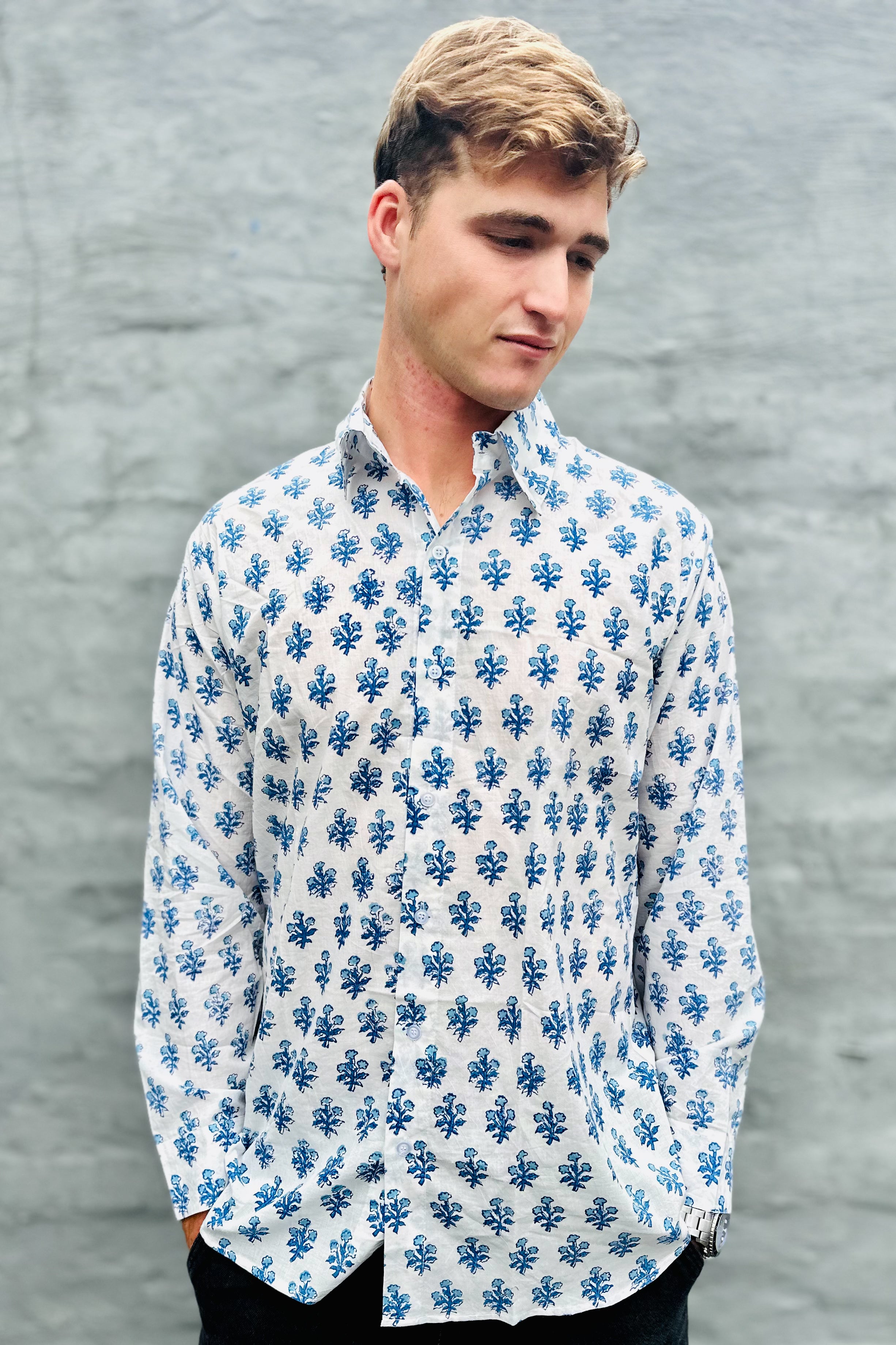 Men's Long Sleeve Shirt In Cobalt Posy