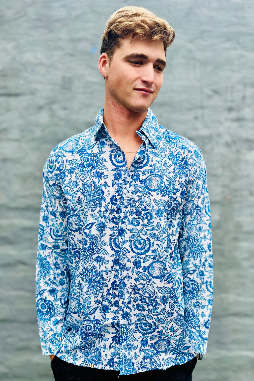 Men's Long Sleeve Shirt In Blue Botanical