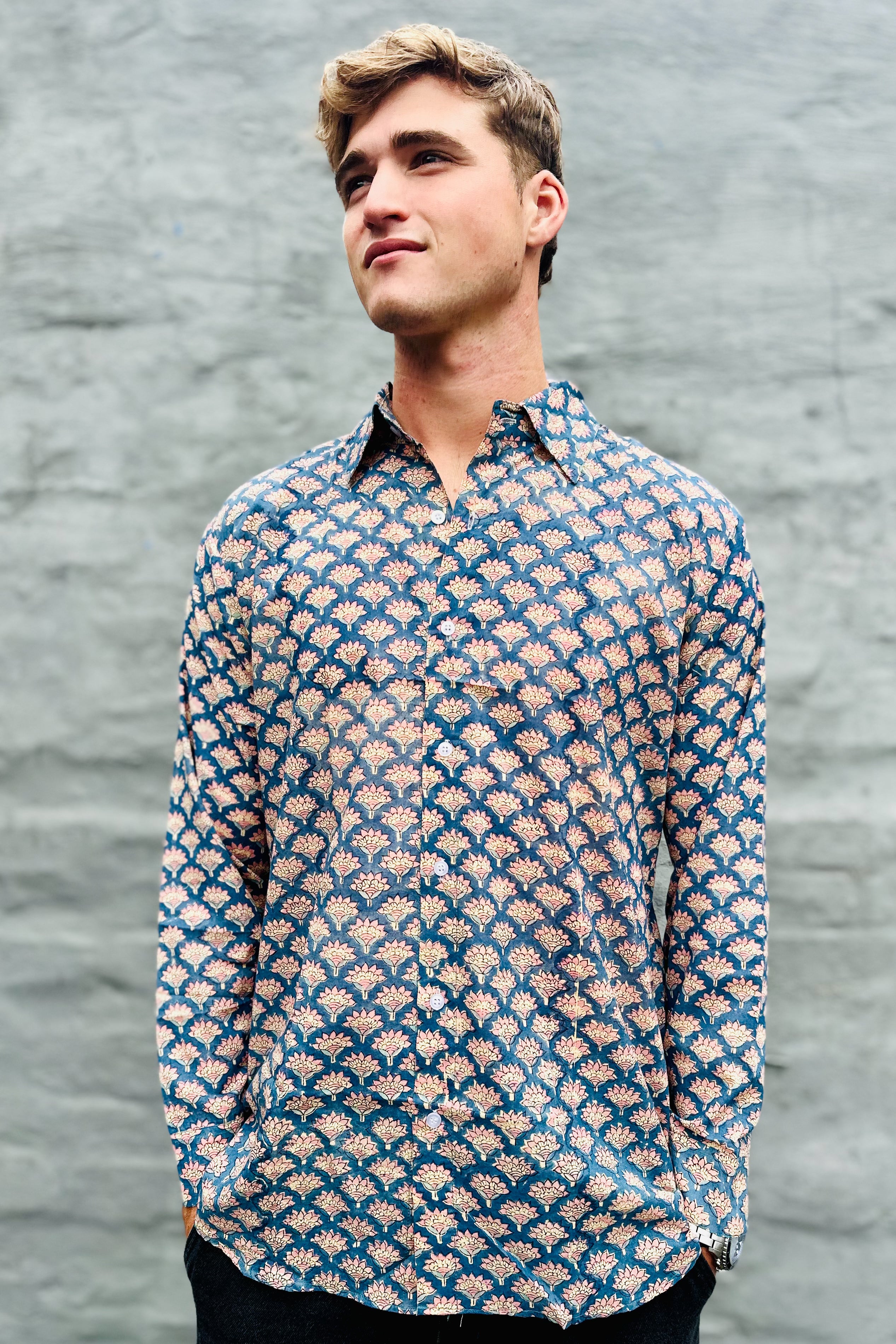 Men's Long Sleeve Shirt In Blue & Blush Lotus