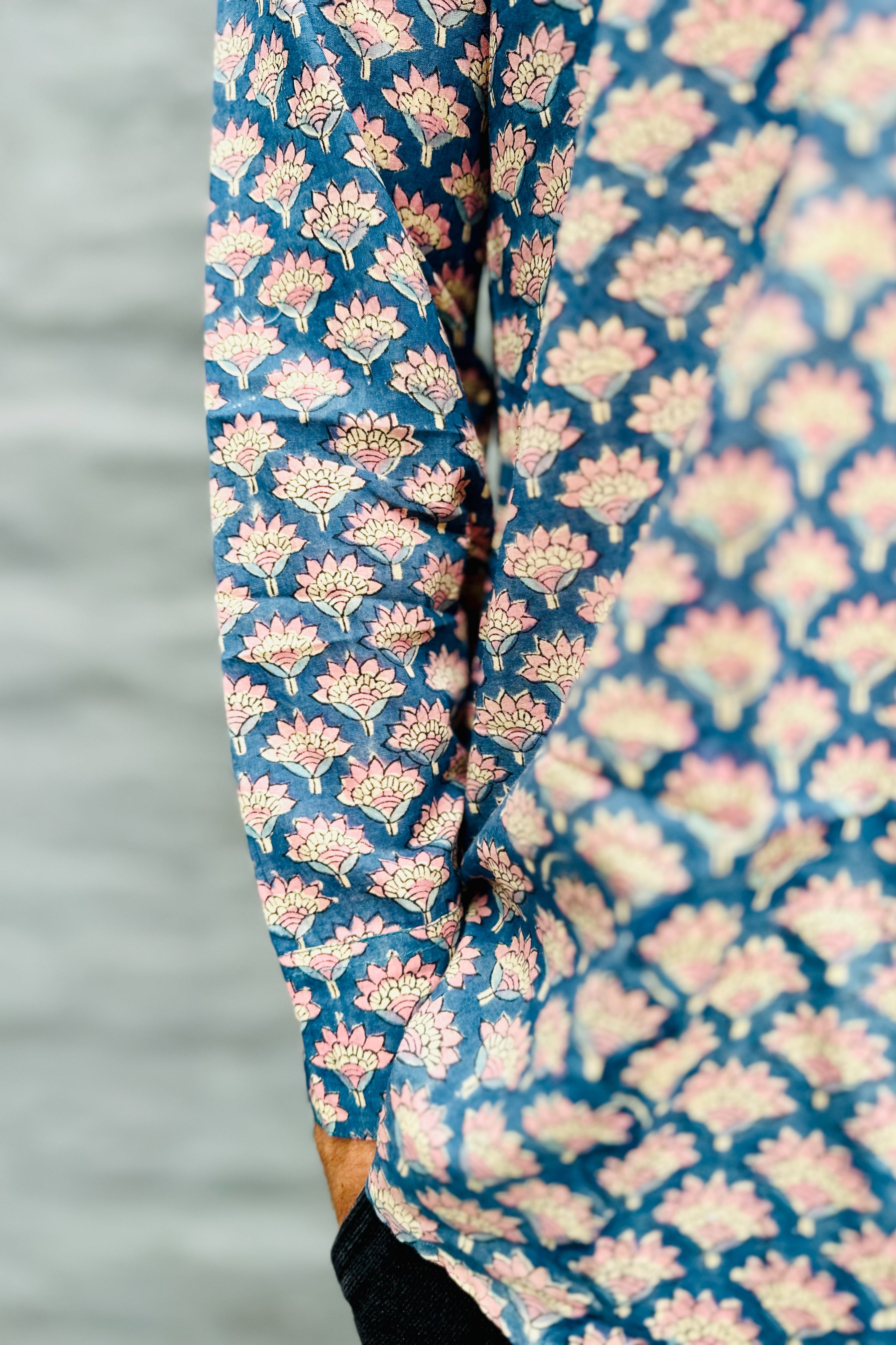 Men's Long Sleeve Shirt In Blue & Blush Lotus