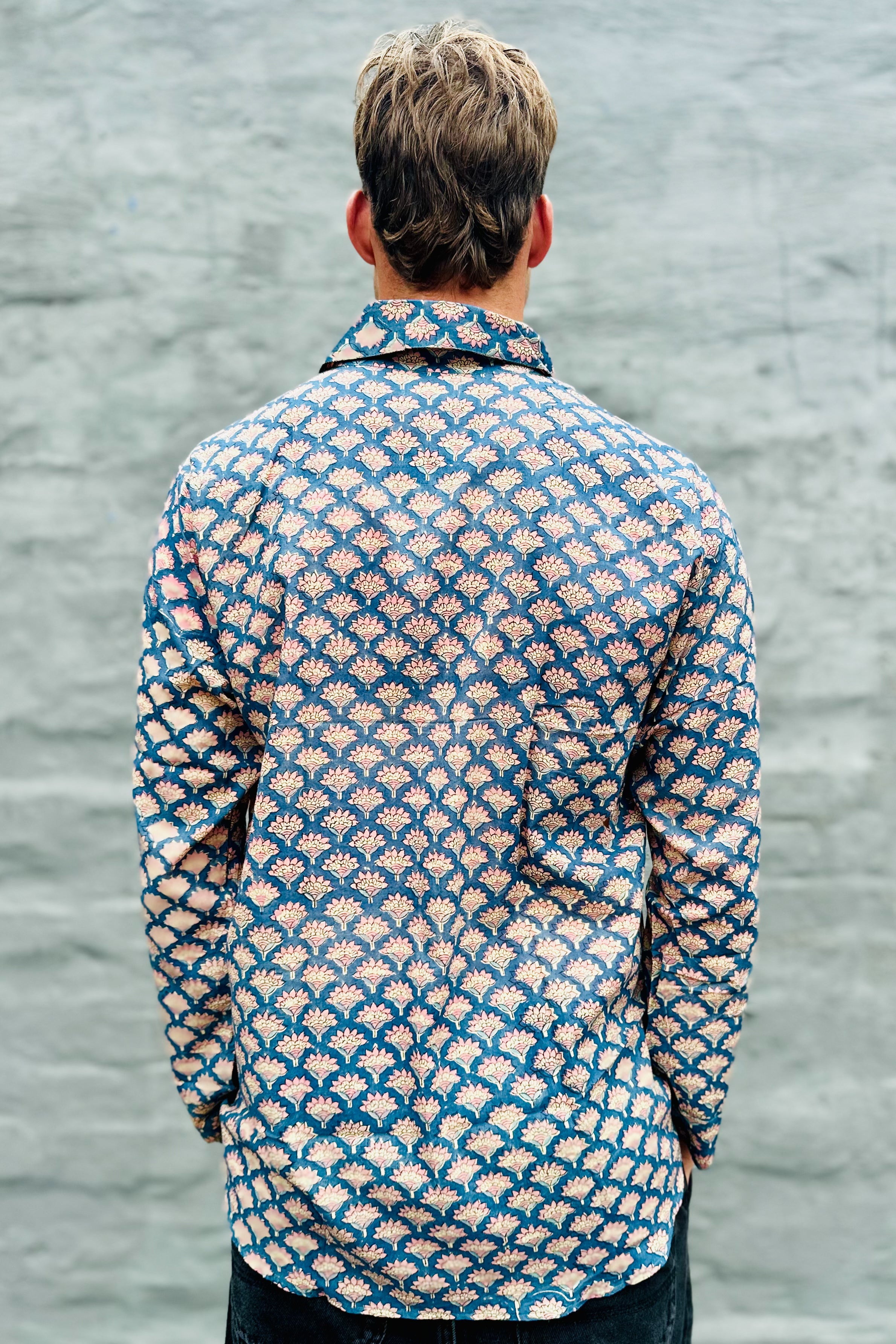 Men's Long Sleeve Shirt In Blue & Blush Lotus