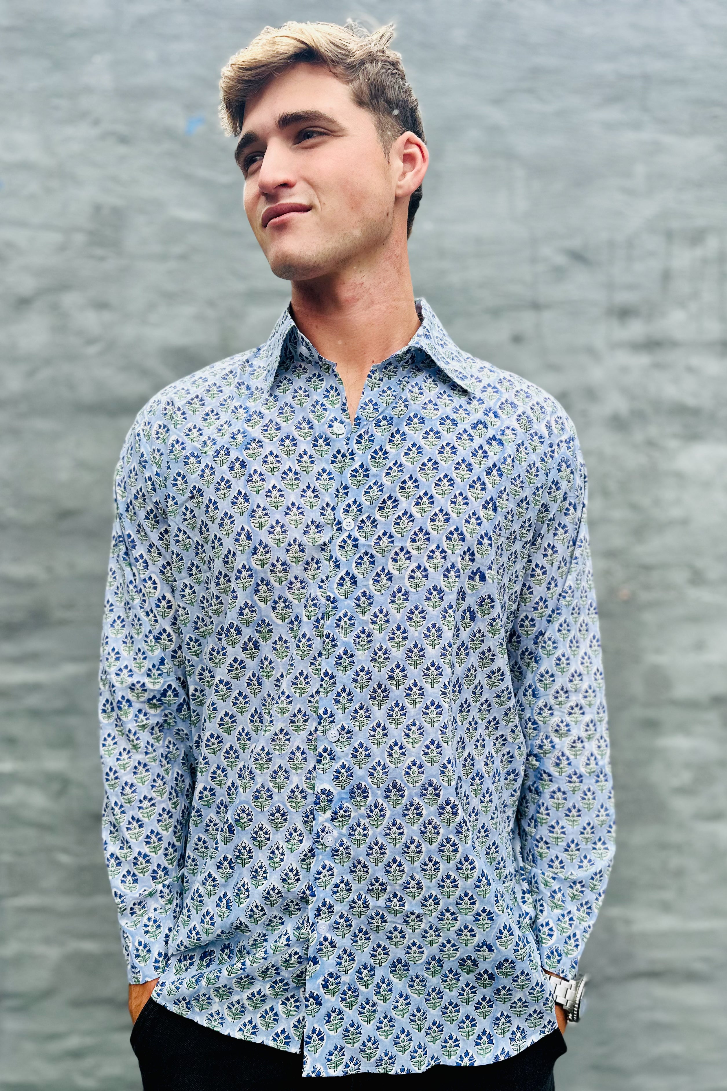 Men's Long Sleeve Shirt In Baby Blue Bouquet