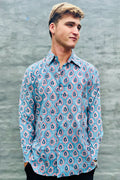 Men's Long Sleeve Shirt In Steel Blue Peacock
