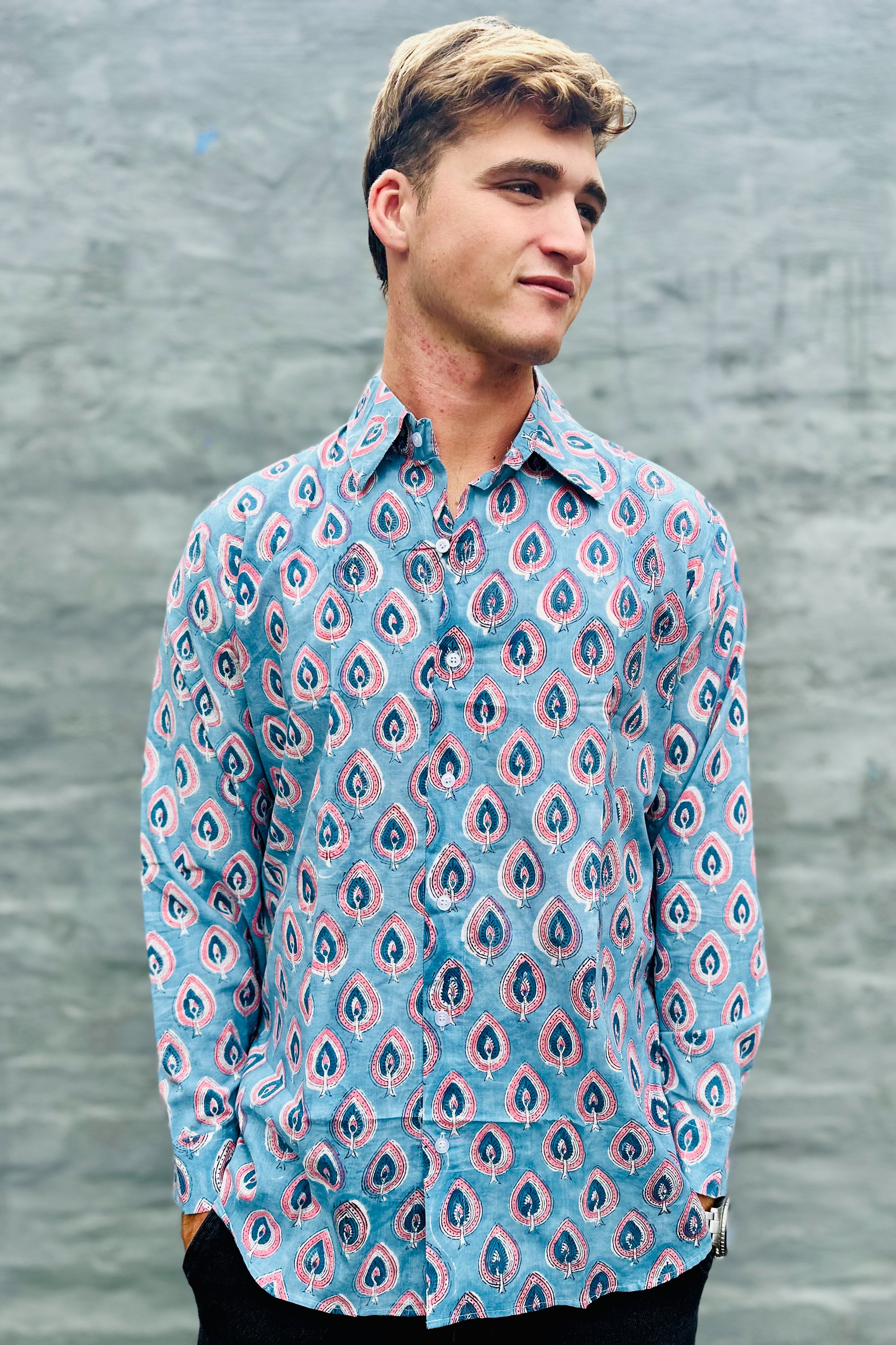 Men's Long Sleeve Shirt In Steel Blue Peacock