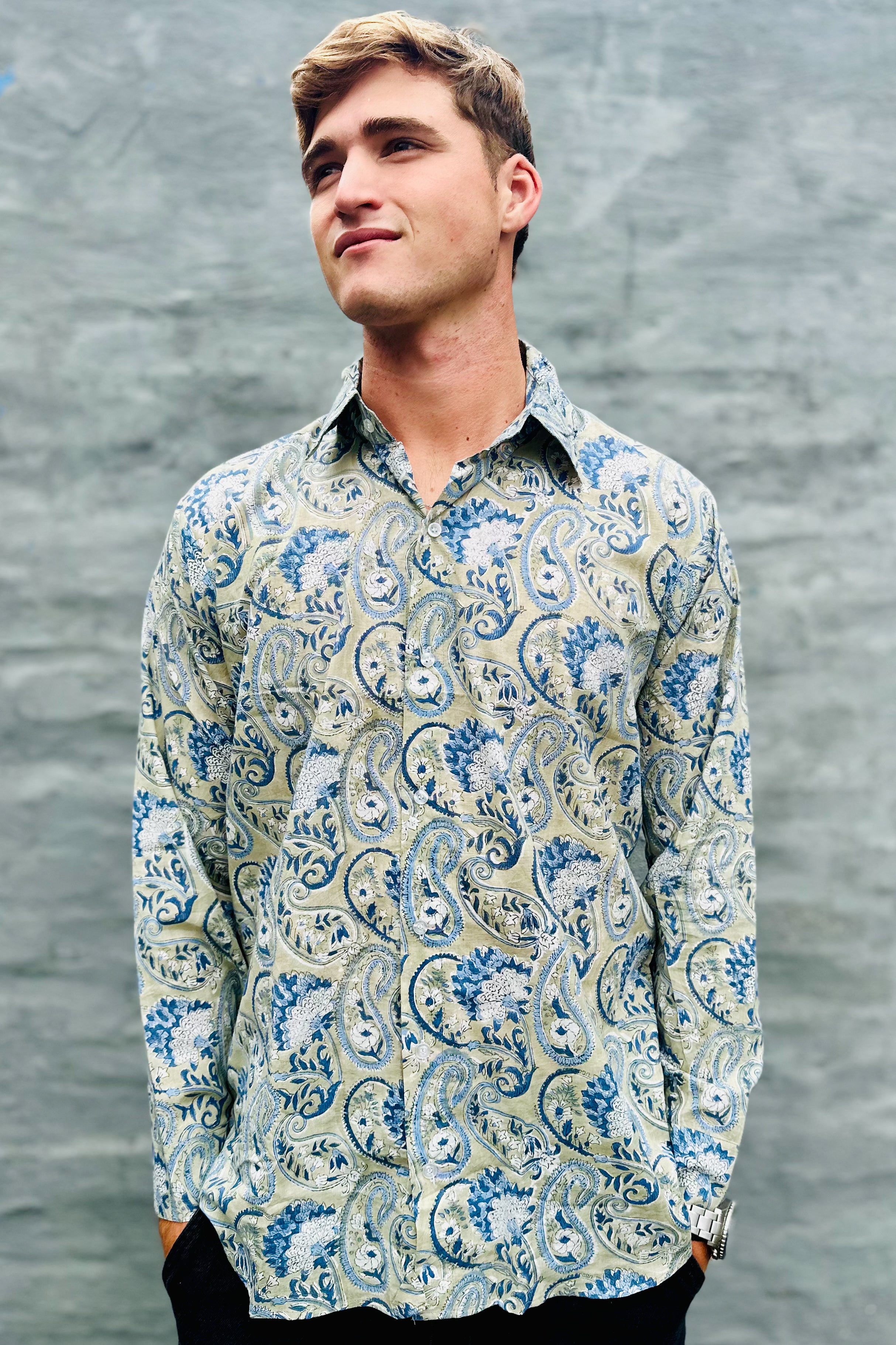 Men's Long Sleeve Shirt In Sage Zinnia