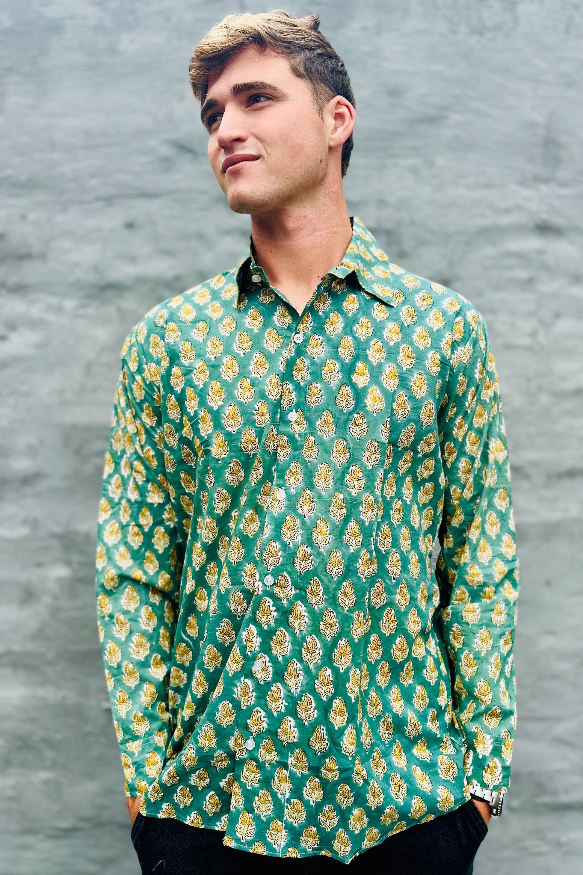 Men's Long Sleeve Shirt In Green & Gold