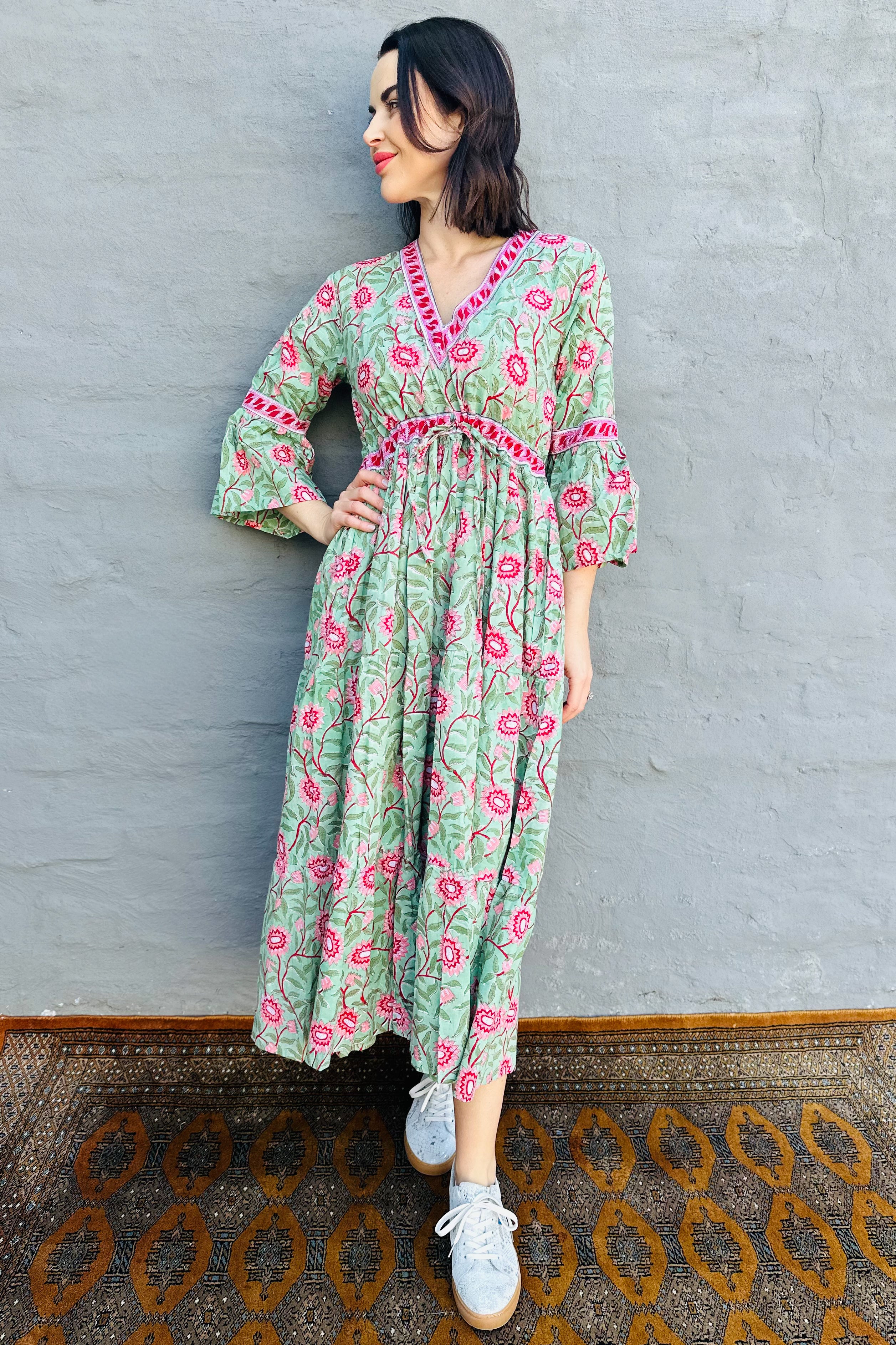 Azura Dress In Turquoise & Pink Dahlia