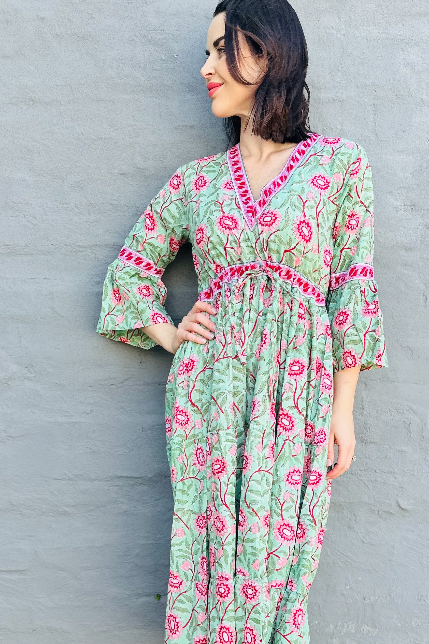 Azura Dress In Turquoise & Pink Dahlia