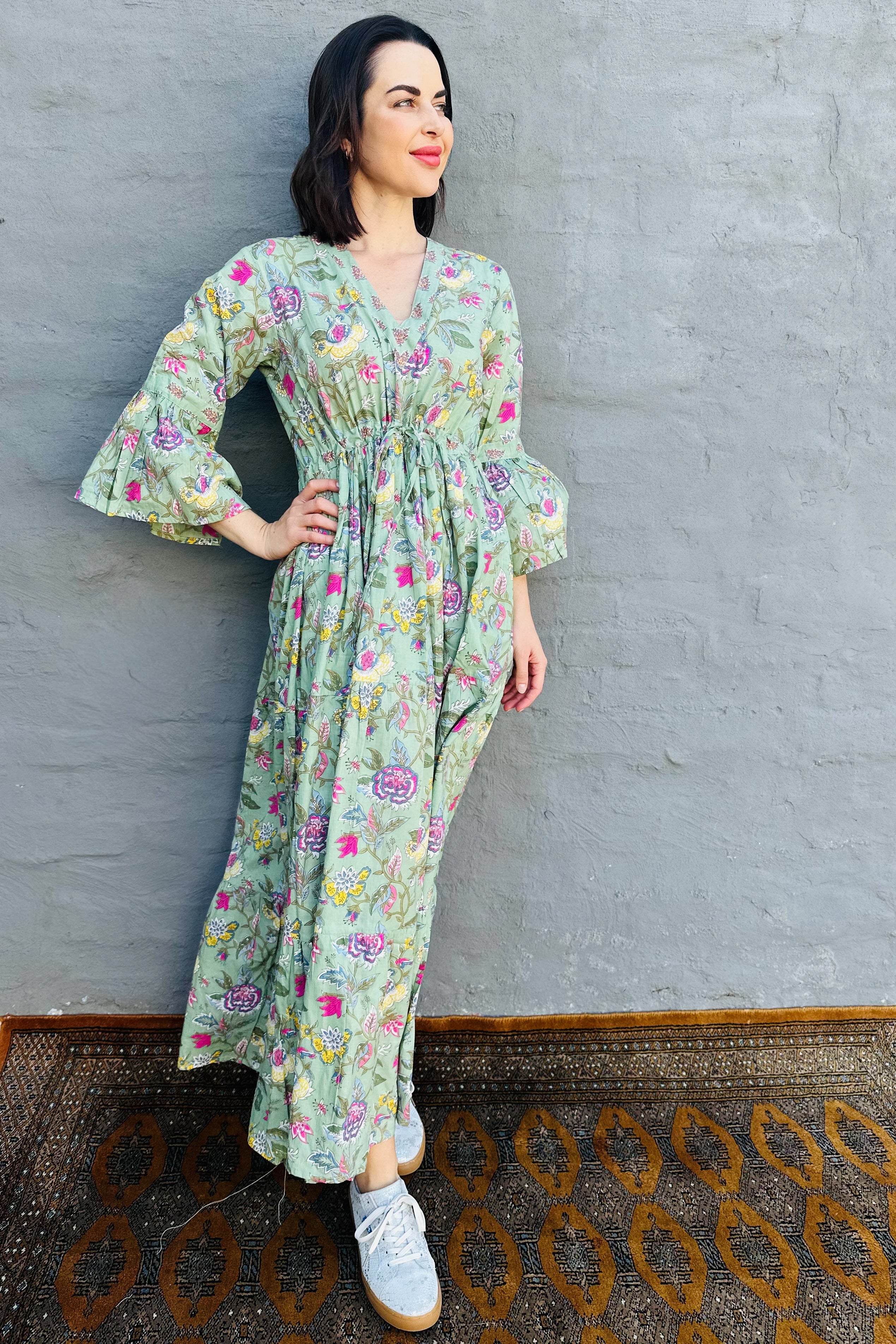 Azura Dress In Dusty Green Botanical