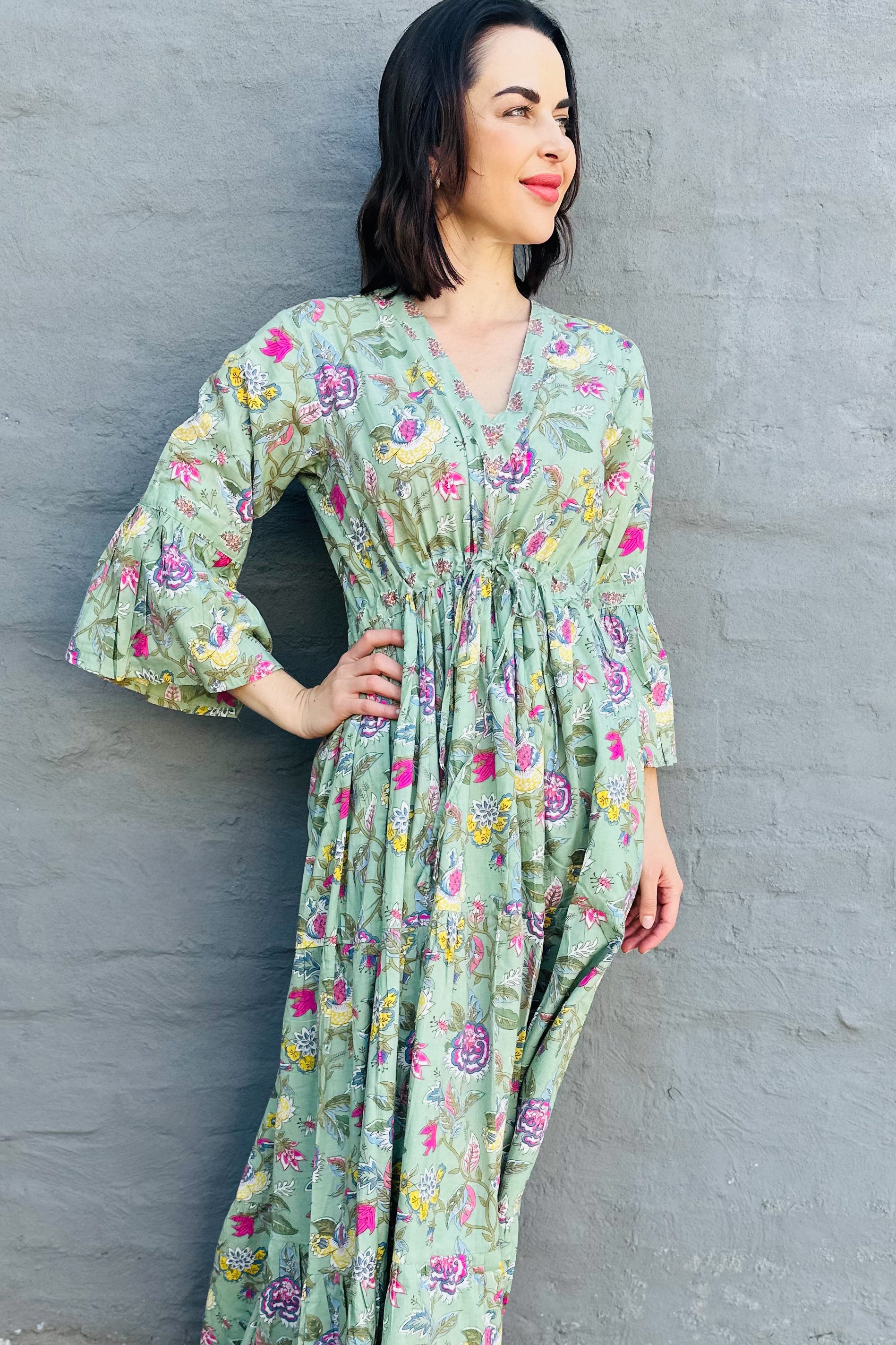 Azura Dress In Dusty Green Botanical