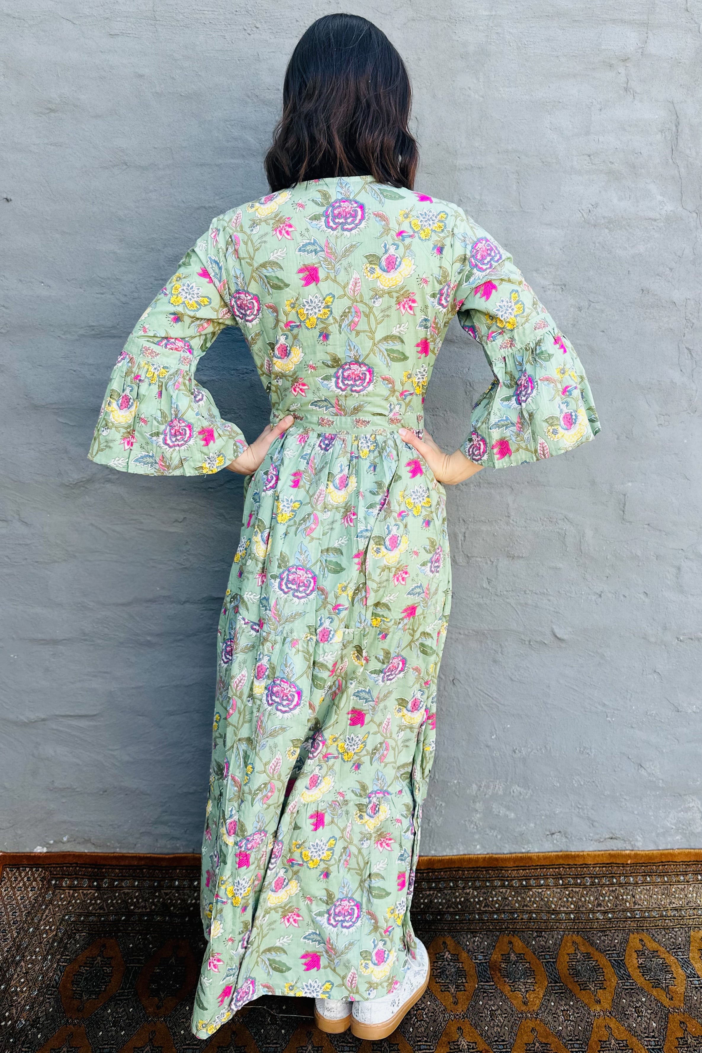 Azura Dress In Dusty Green Botanical