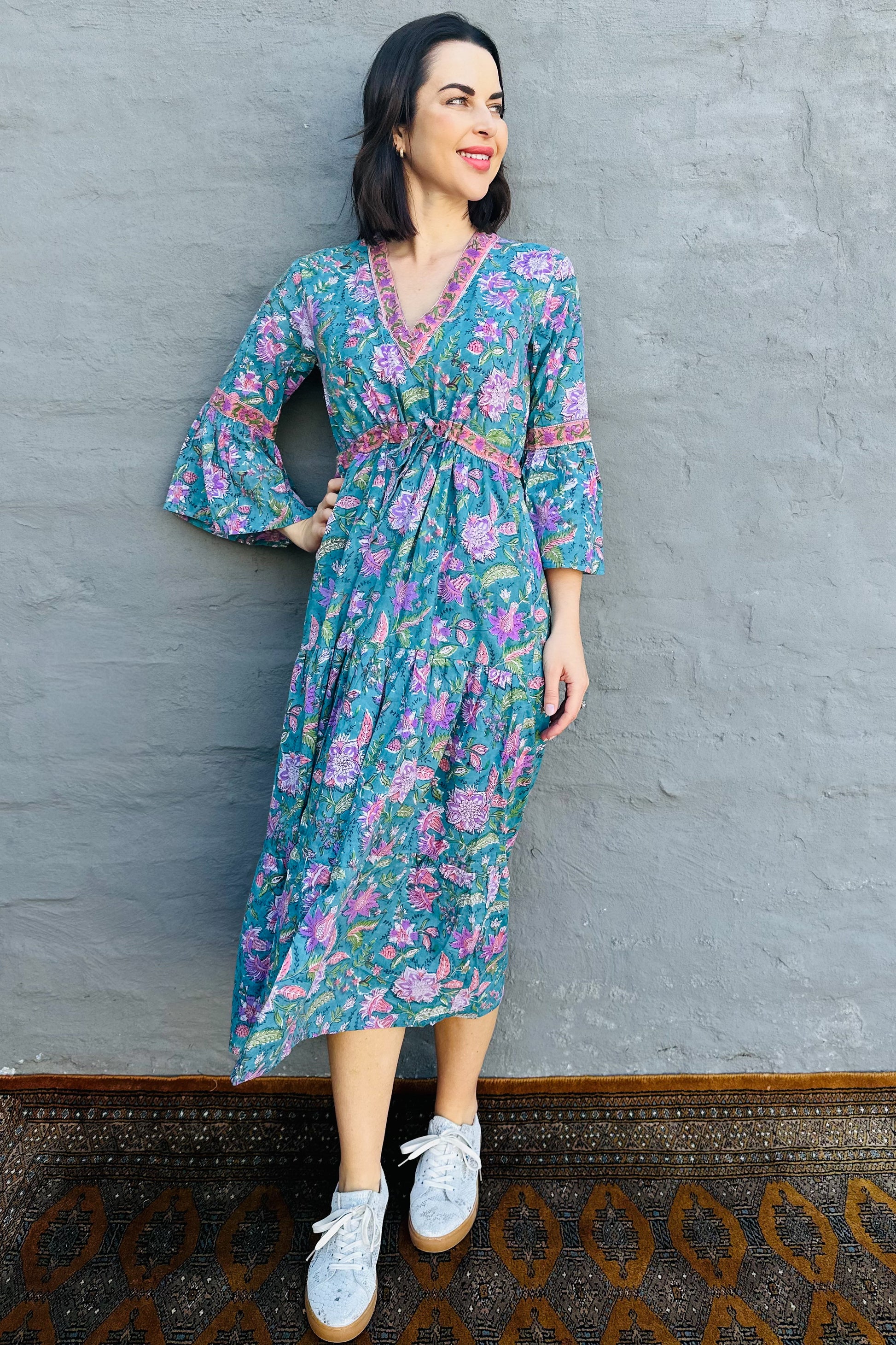 Azura Dress In Teal & Lilac Botanical
