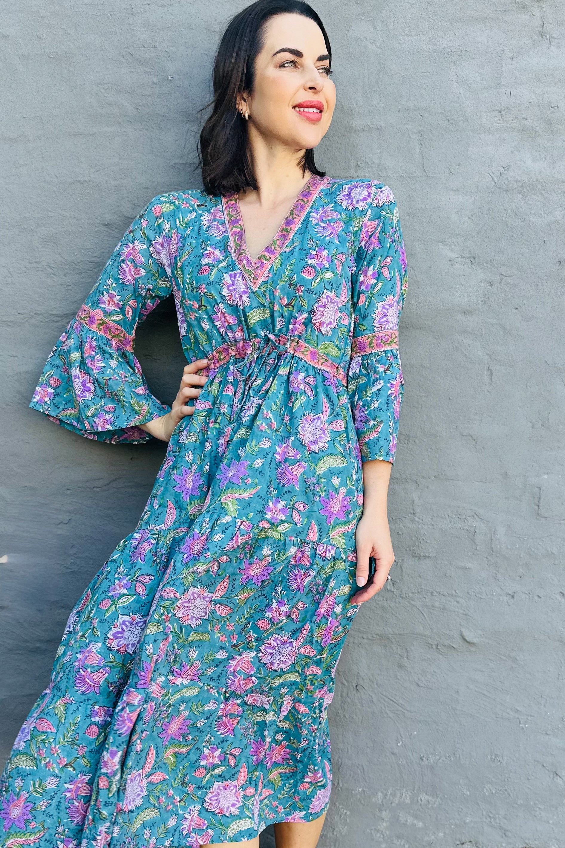 Azura Dress In Teal & Lilac Botanical