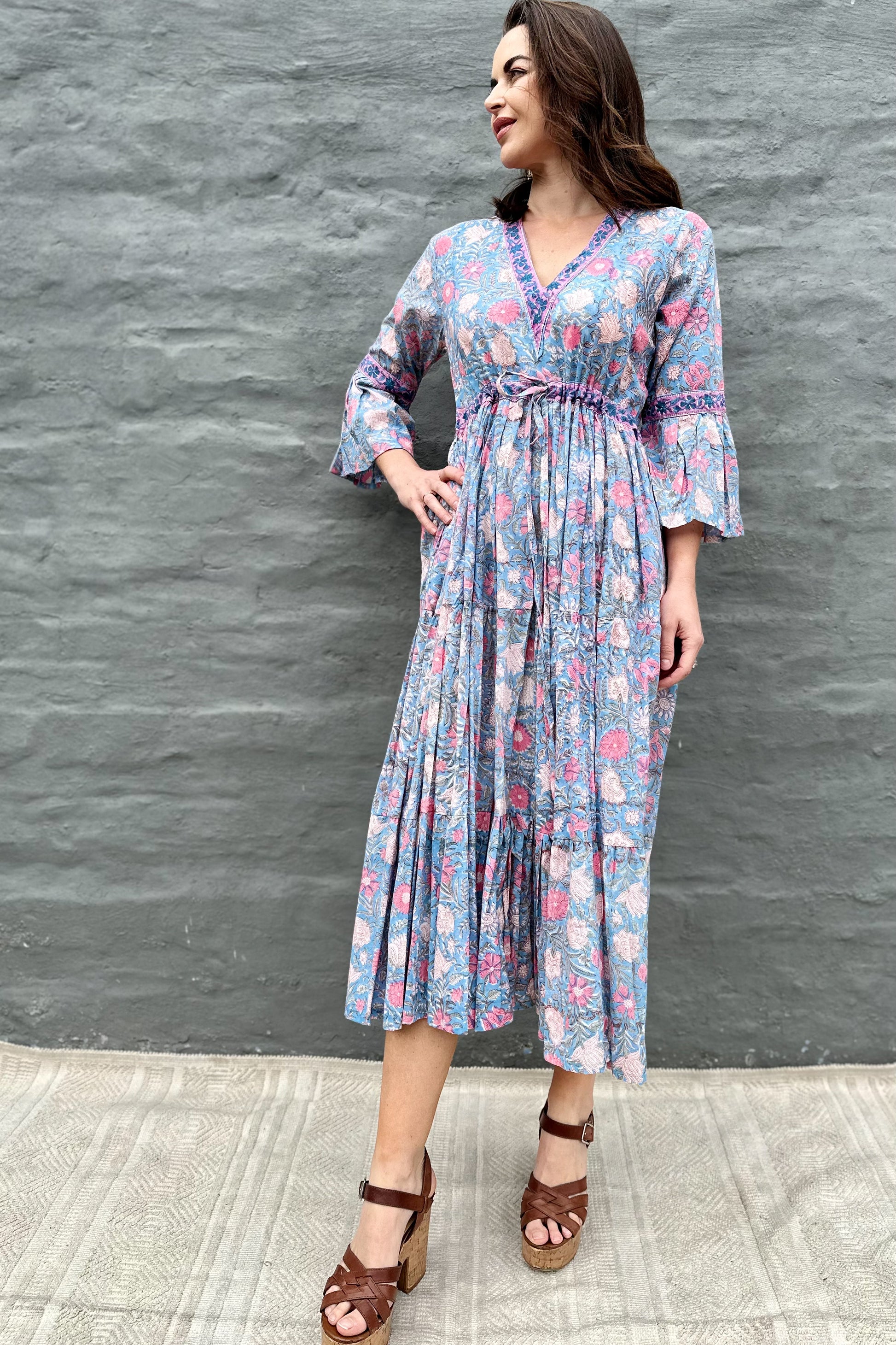 Azura Dress In Sky & Pink Botanical