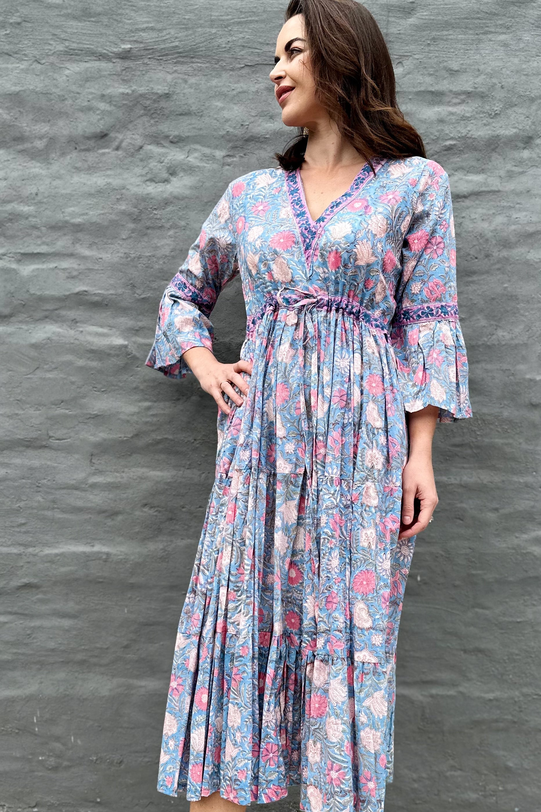 Azura Dress In Sky & Pink Botanical