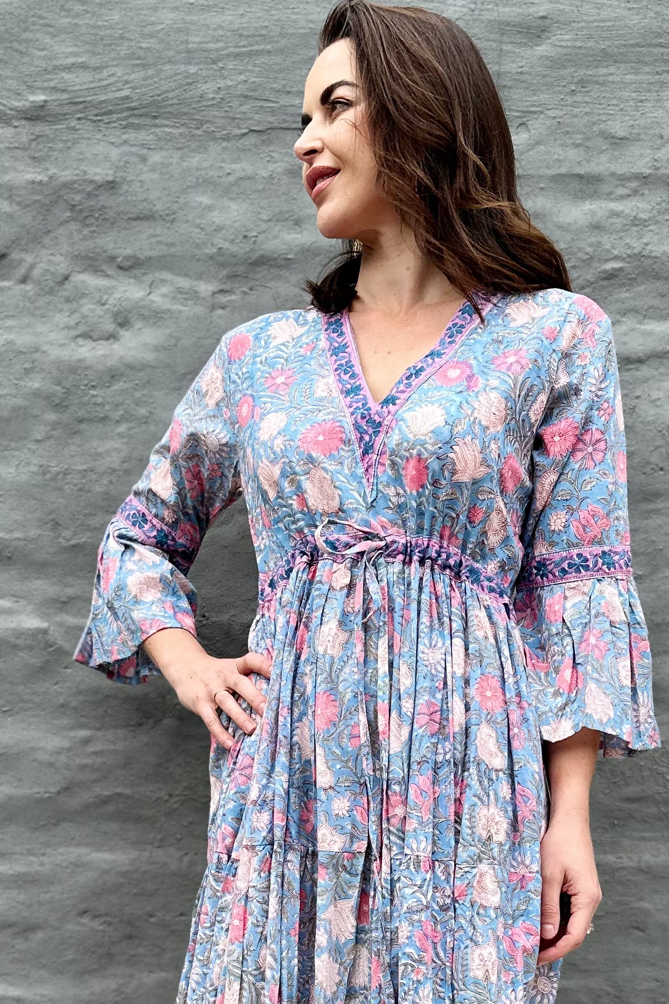 Azura Dress In Sky & Pink Botanical