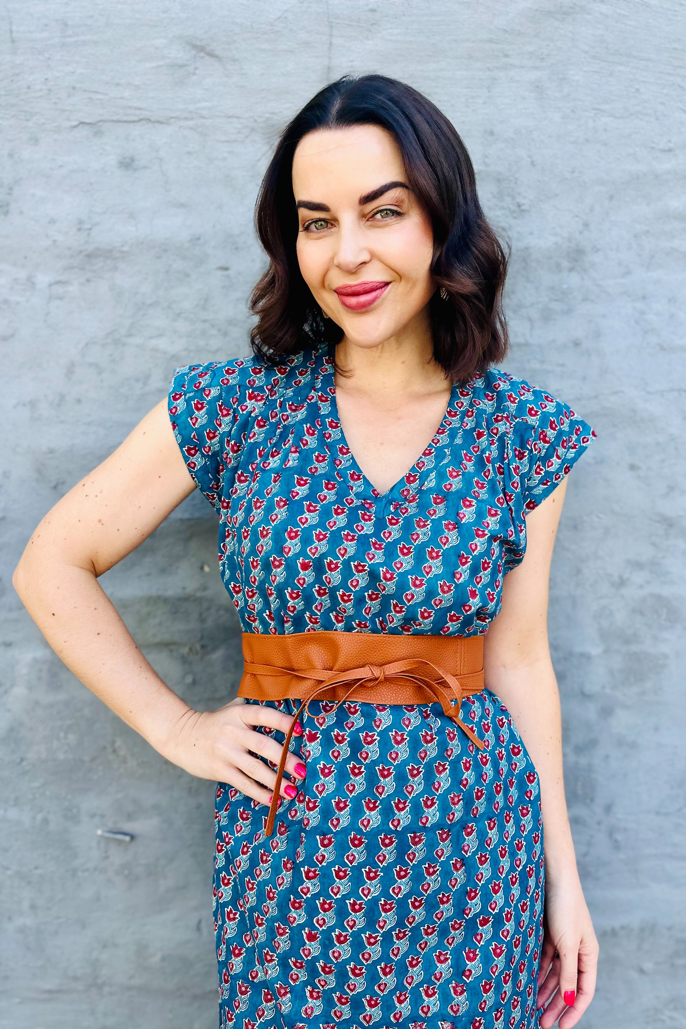 Savita Dress In Teal & Red Tulip