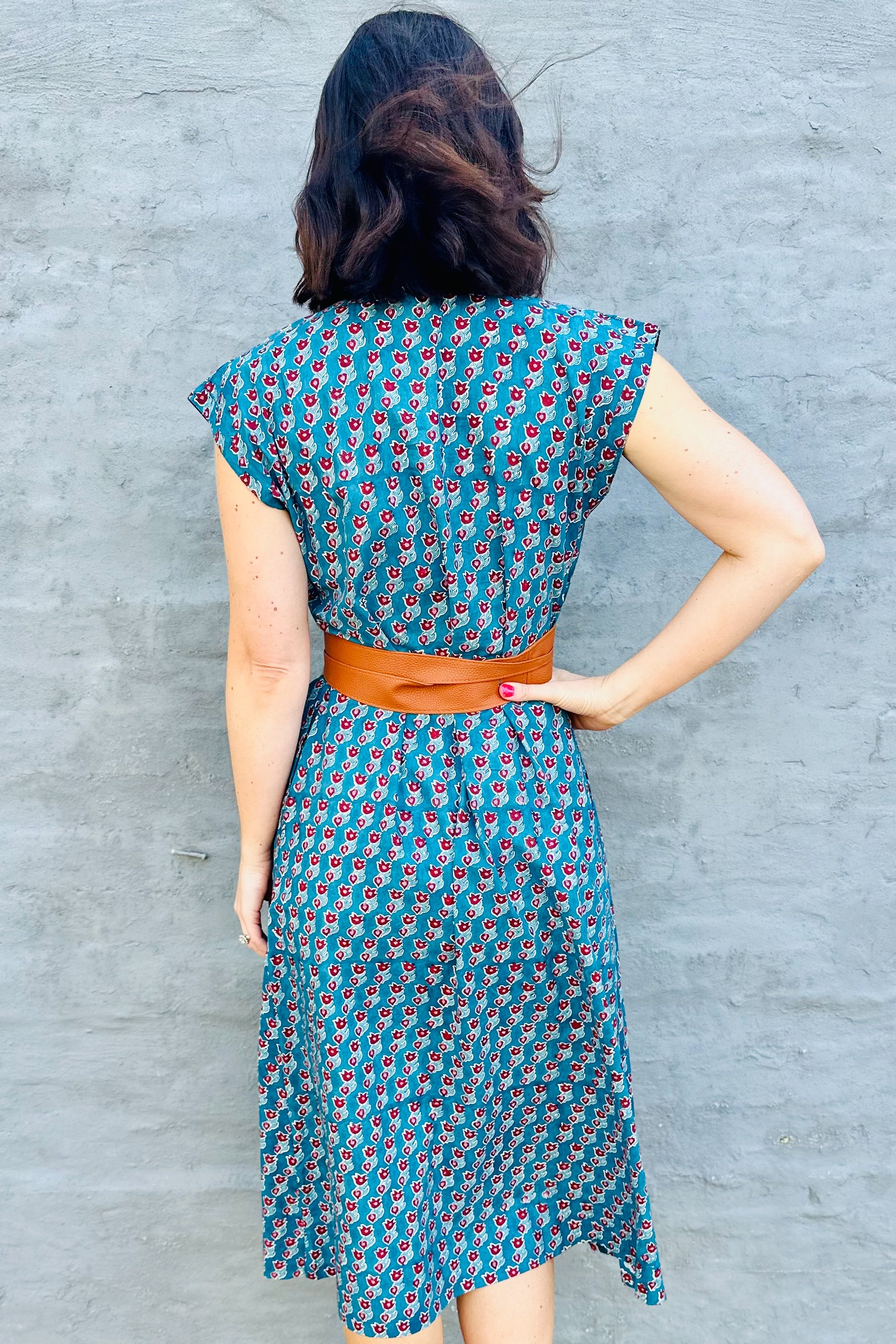 Savita Dress In Teal & Red Tulip