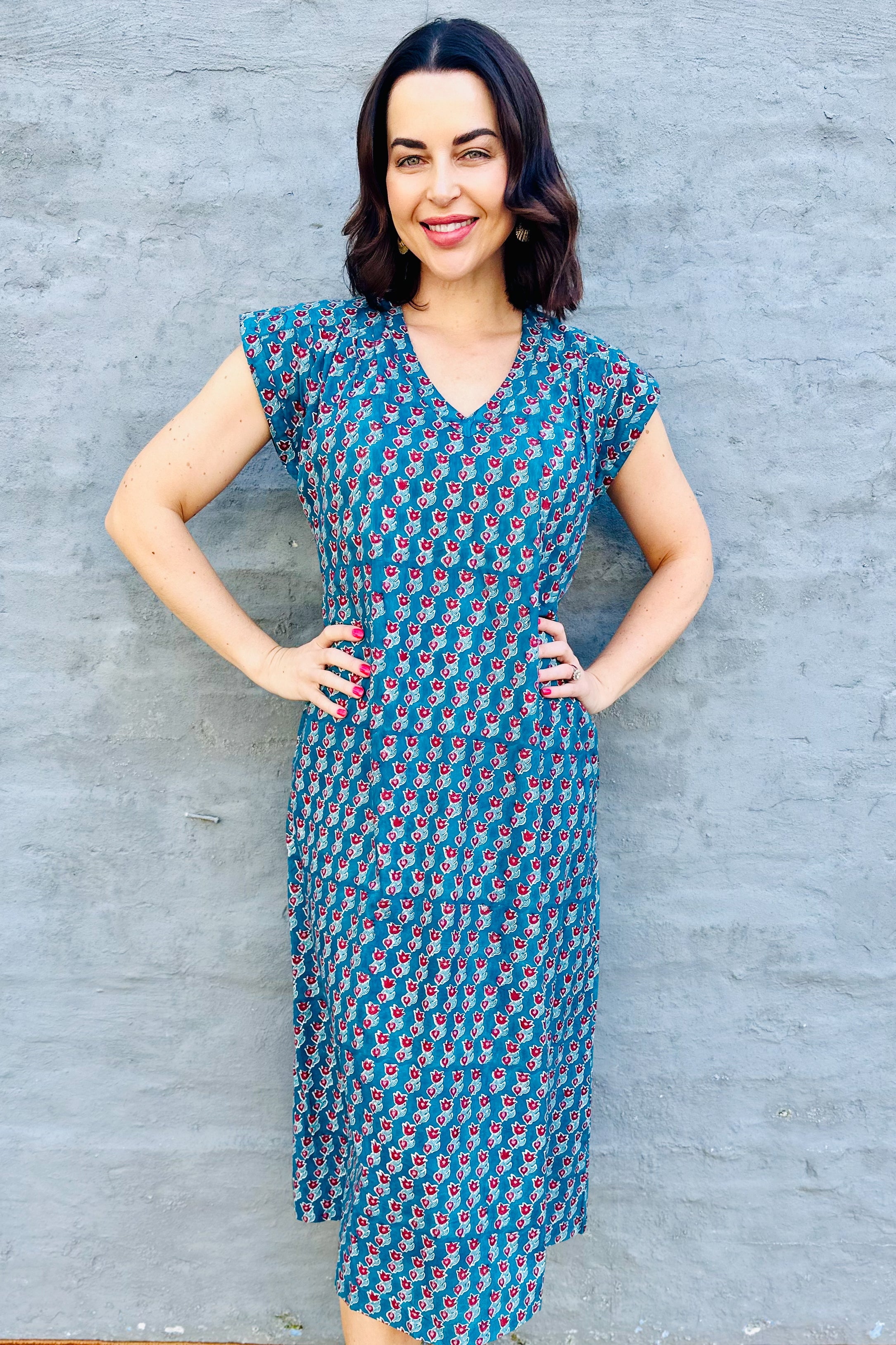 Savita Dress In Teal & Red Tulip