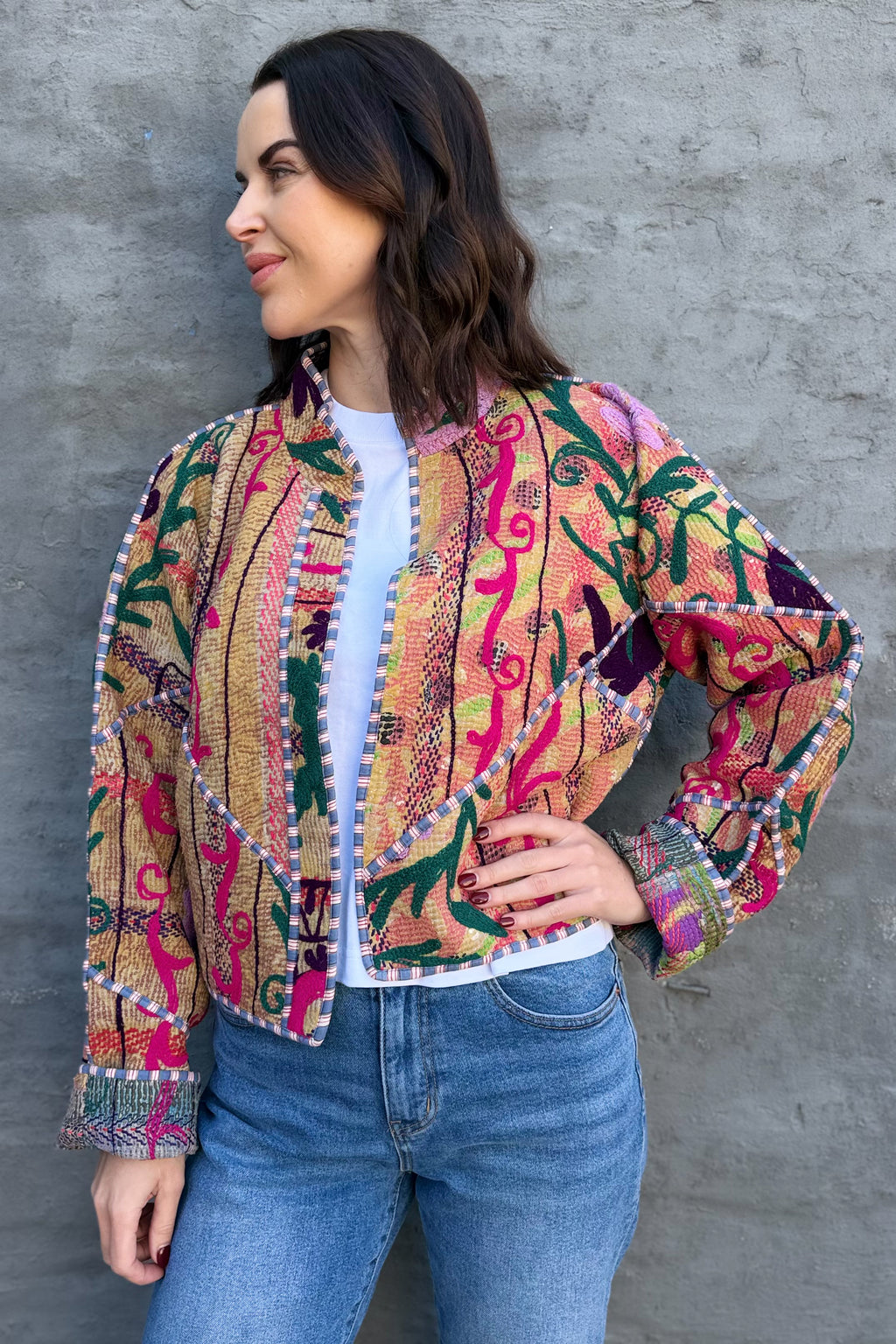 Vintage Kantha Jacket In Fuchsia & Lilac