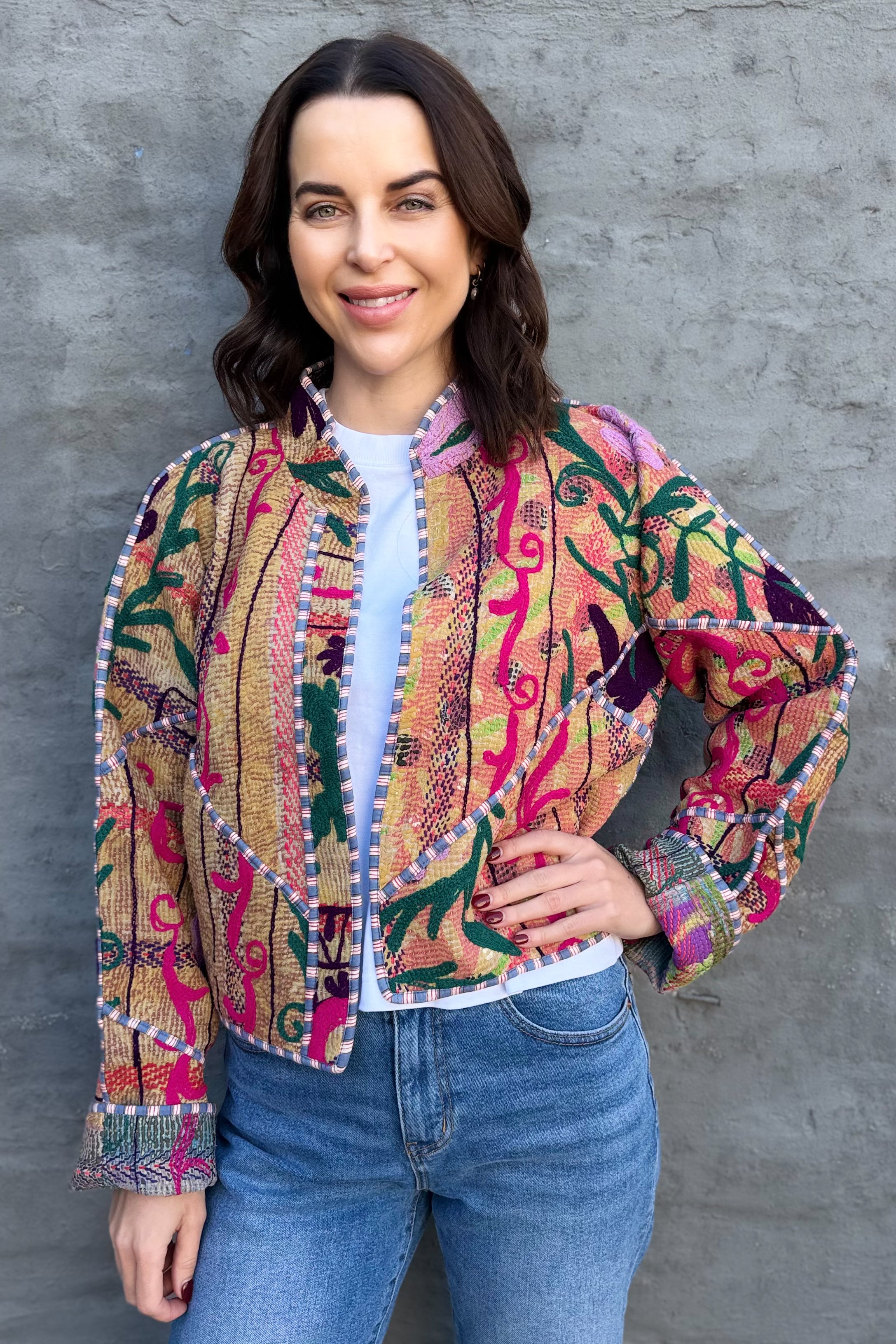 Vintage Kantha Jacket In Fuchsia & Lilac