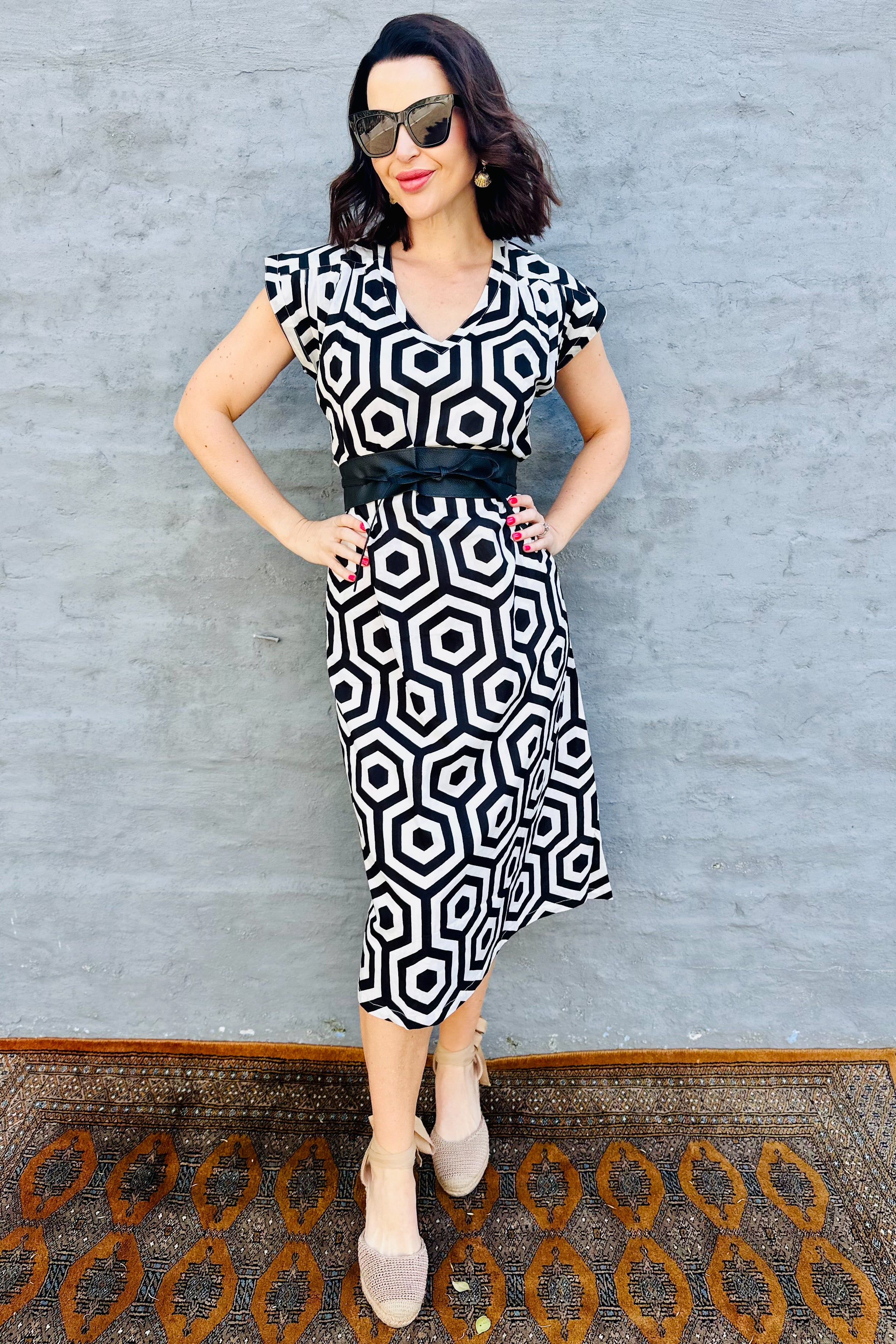 Savita Dress In Black & White Geometric
